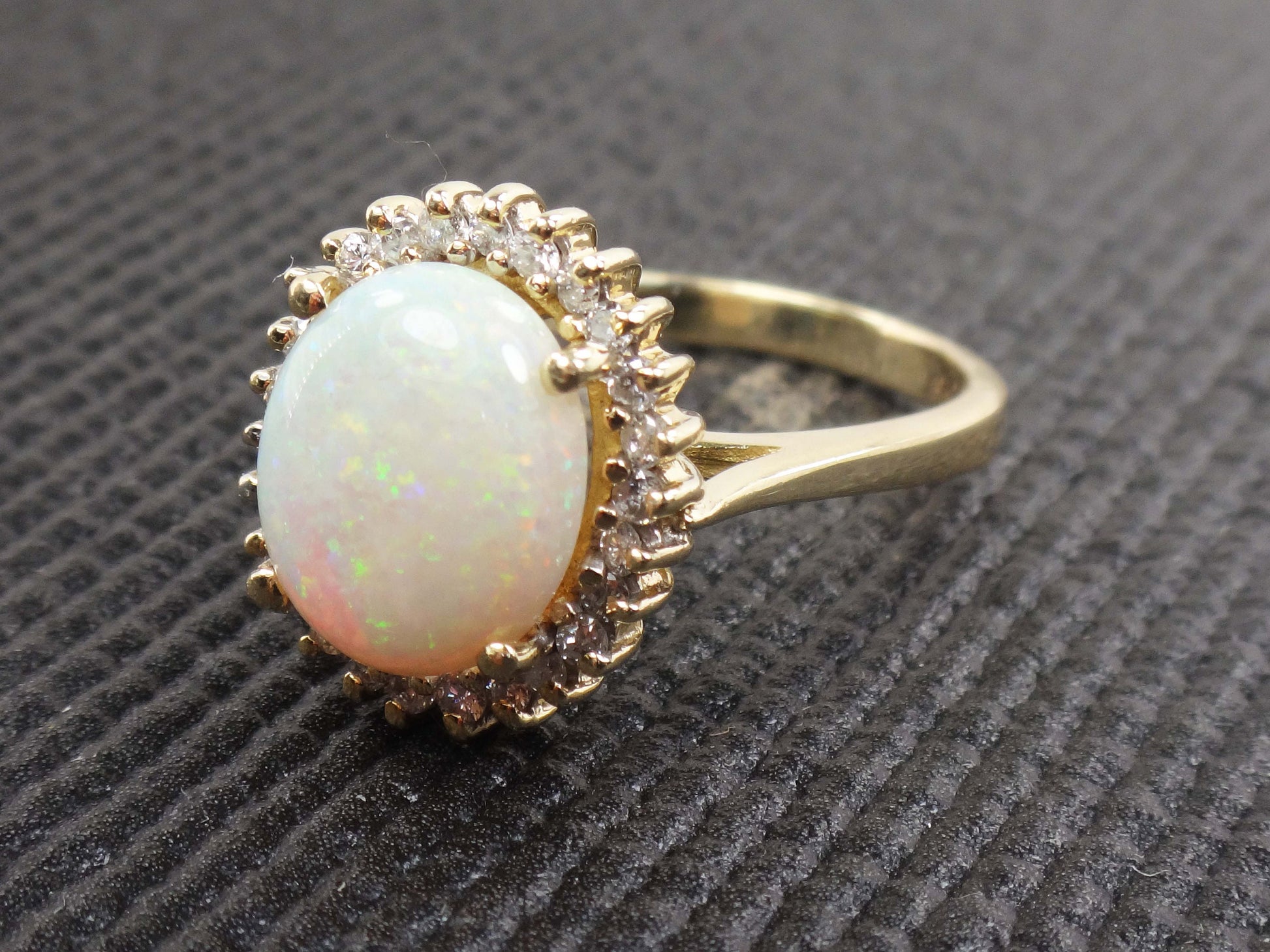 Vintage 14k Yellow Gold Natural Opal Ring with Diamond Halo Australian Opal Ring October Birthstone