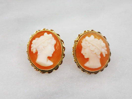 Vintage 14k Gold Shell Cameo Stud Earrings Oval Moon Goddess Cameo Earrings