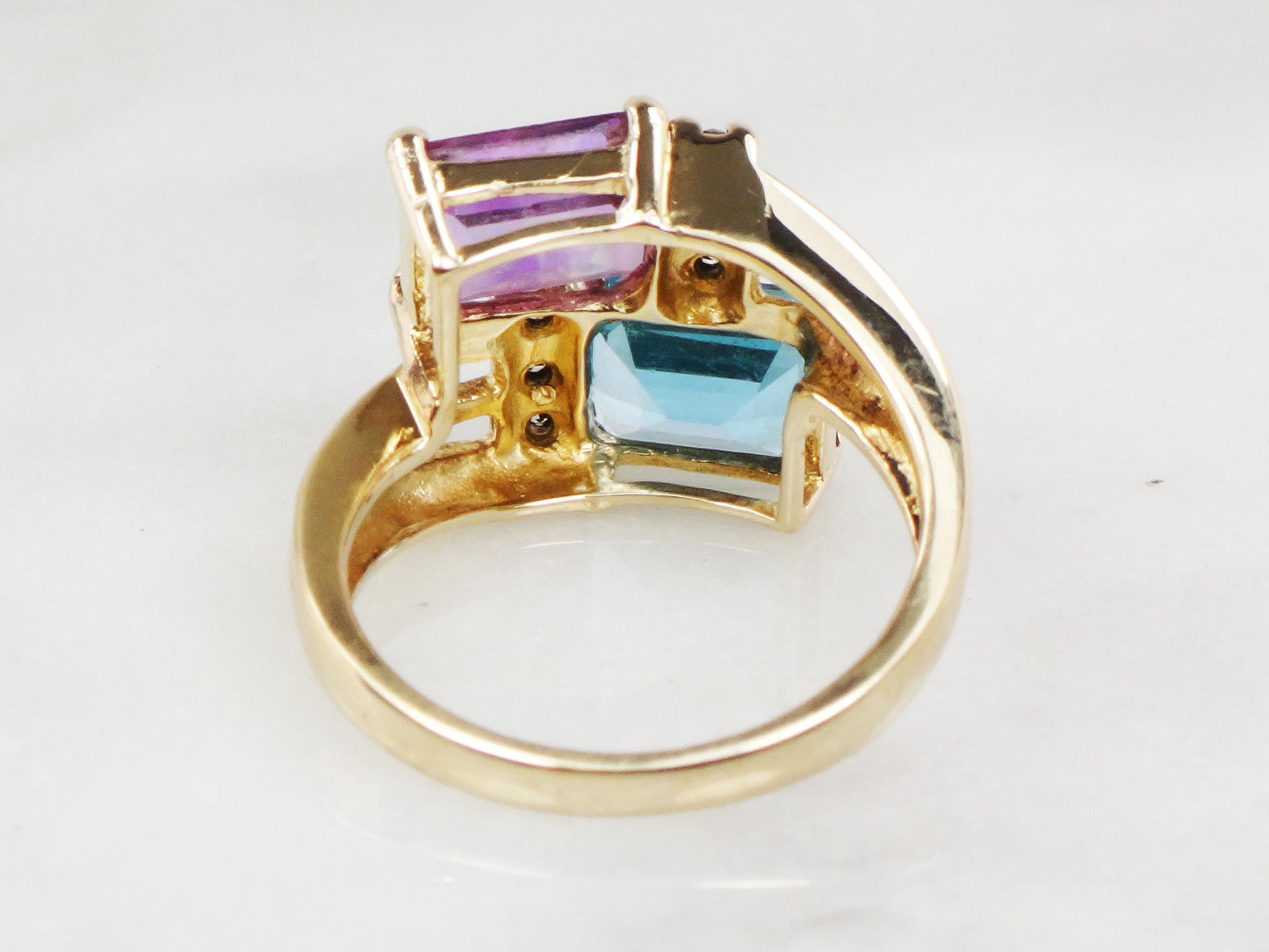 Vintage 14k Yellow Blue Topaz and Amethyst Ring with Diamonds, Modern Bypass Ring, Size 5 3/4