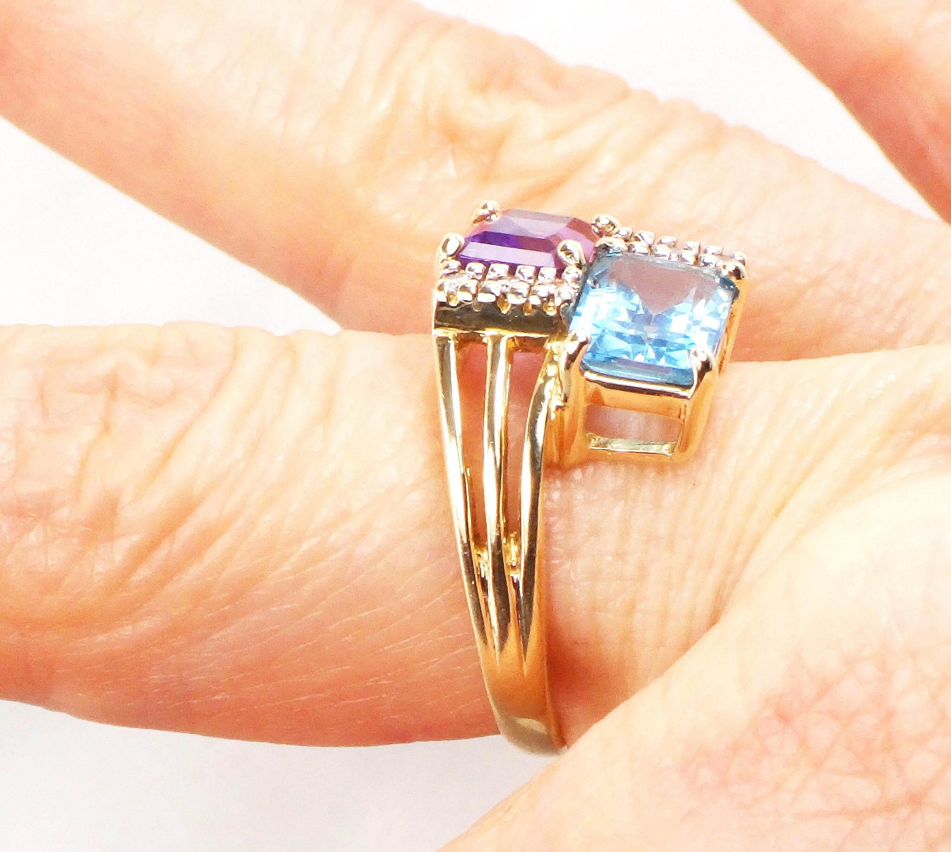Vintage 14k Yellow Blue Topaz and Amethyst Ring with Diamonds, Modern Bypass Ring, Size 5 3/4