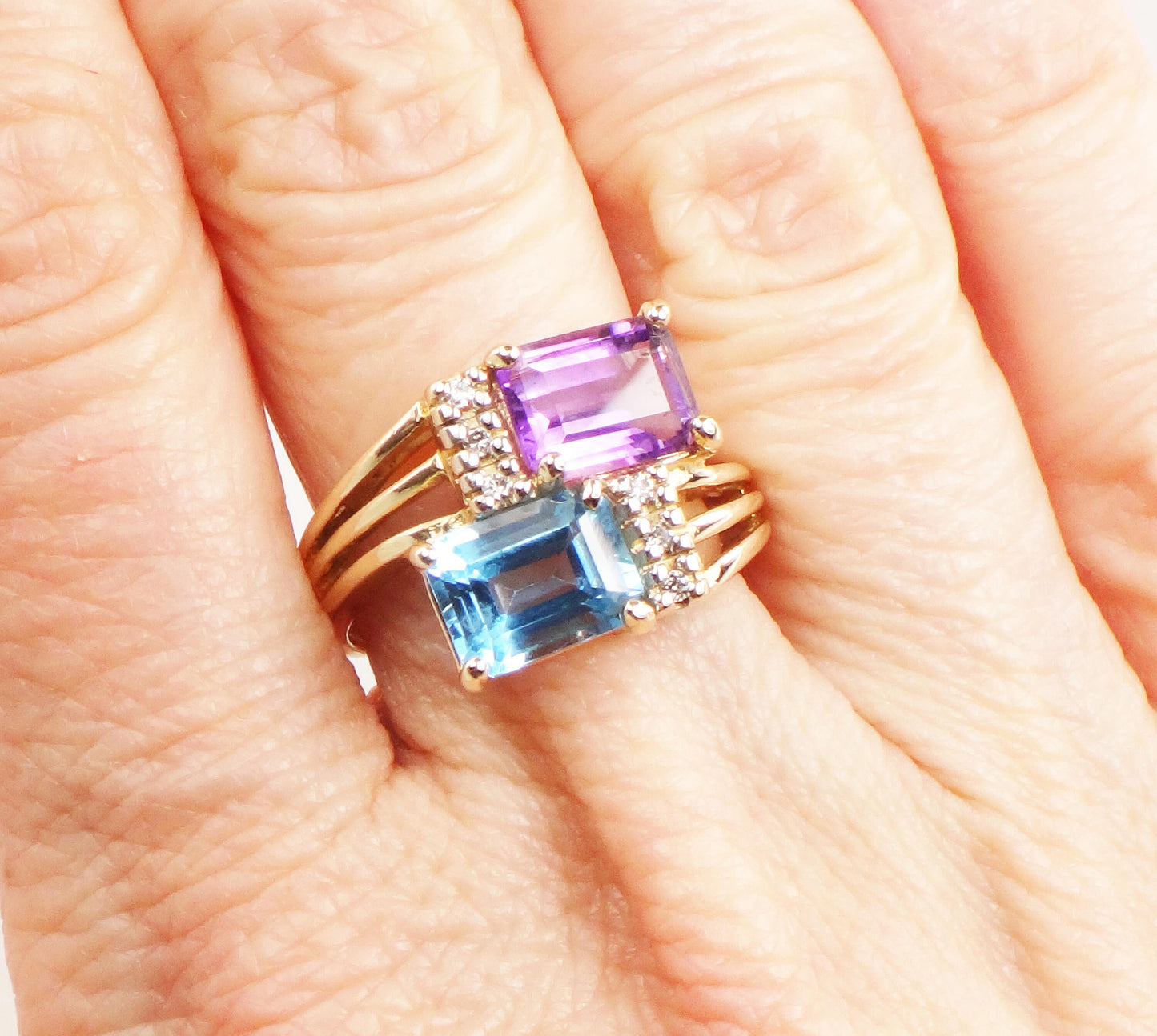 Vintage 14k Yellow Blue Topaz and Amethyst Ring with Diamonds, Modern Bypass Ring, Size 5 3/4