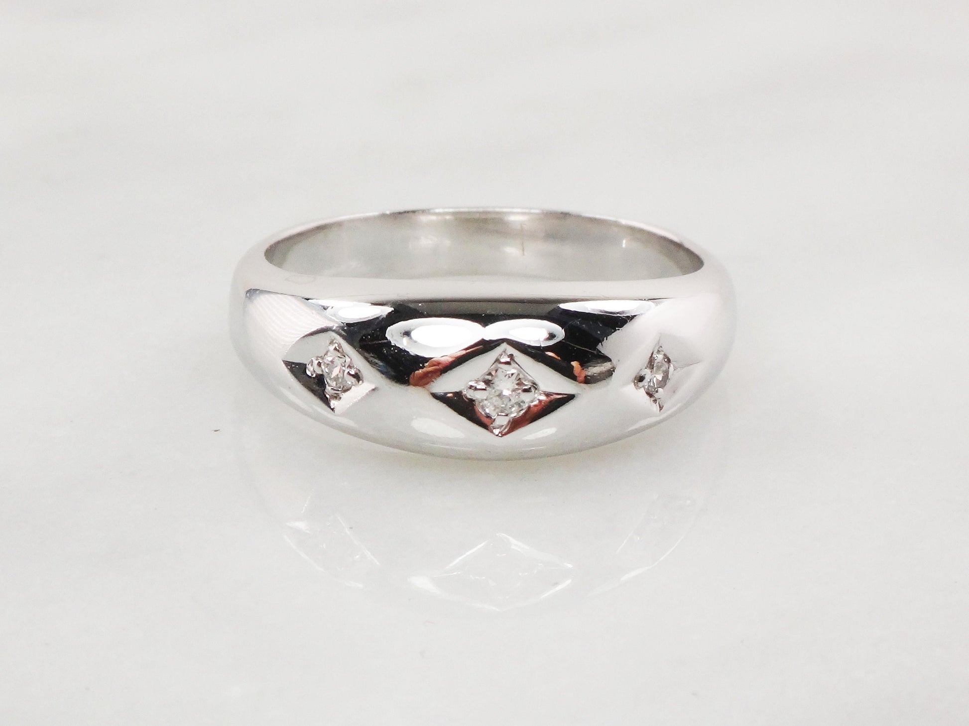 Vintage 14k White Gold Natural Diamond Wedding Band Three Stone Ring Men's Diamond Ring Unisex Size 11 1/4