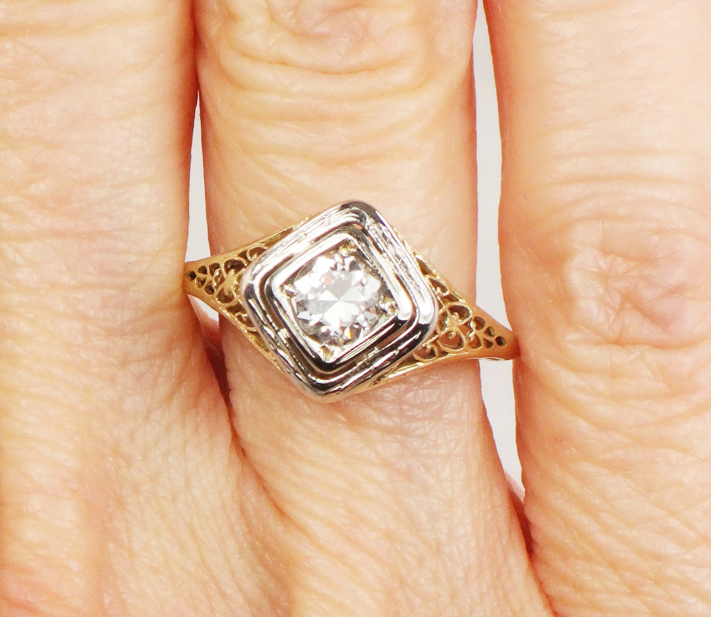 Antique 14k Gold Diamond Engagement Ring: Art Deco Filigree, Circa 1930
