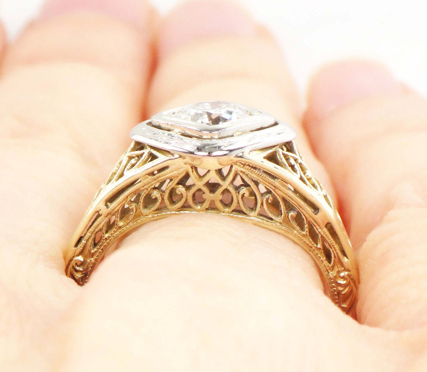 Antique 14k Gold Diamond Engagement Ring: Art Deco Filigree, Circa 1930