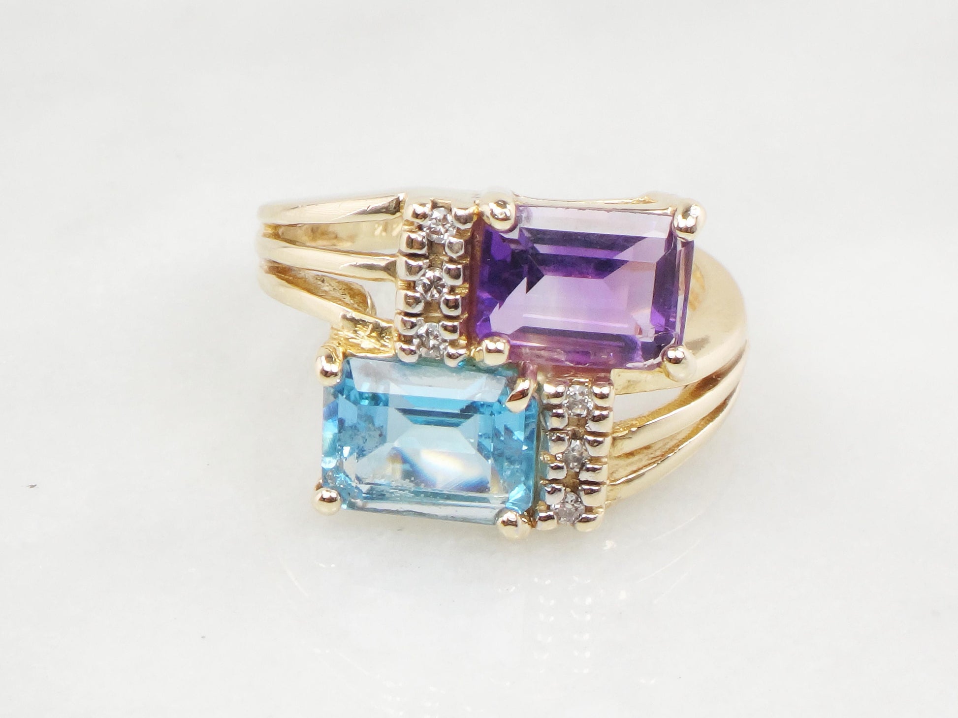 Vintage 14k Yellow Blue Topaz and Amethyst Ring with Diamonds, Modern Bypass Ring, Size 5 3/4