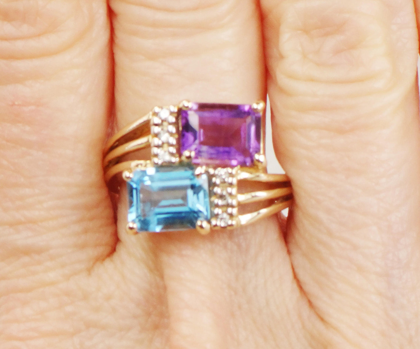 Vintage 14k Yellow Blue Topaz and Amethyst Ring with Diamonds, Modern Bypass Ring, Size 5 3/4