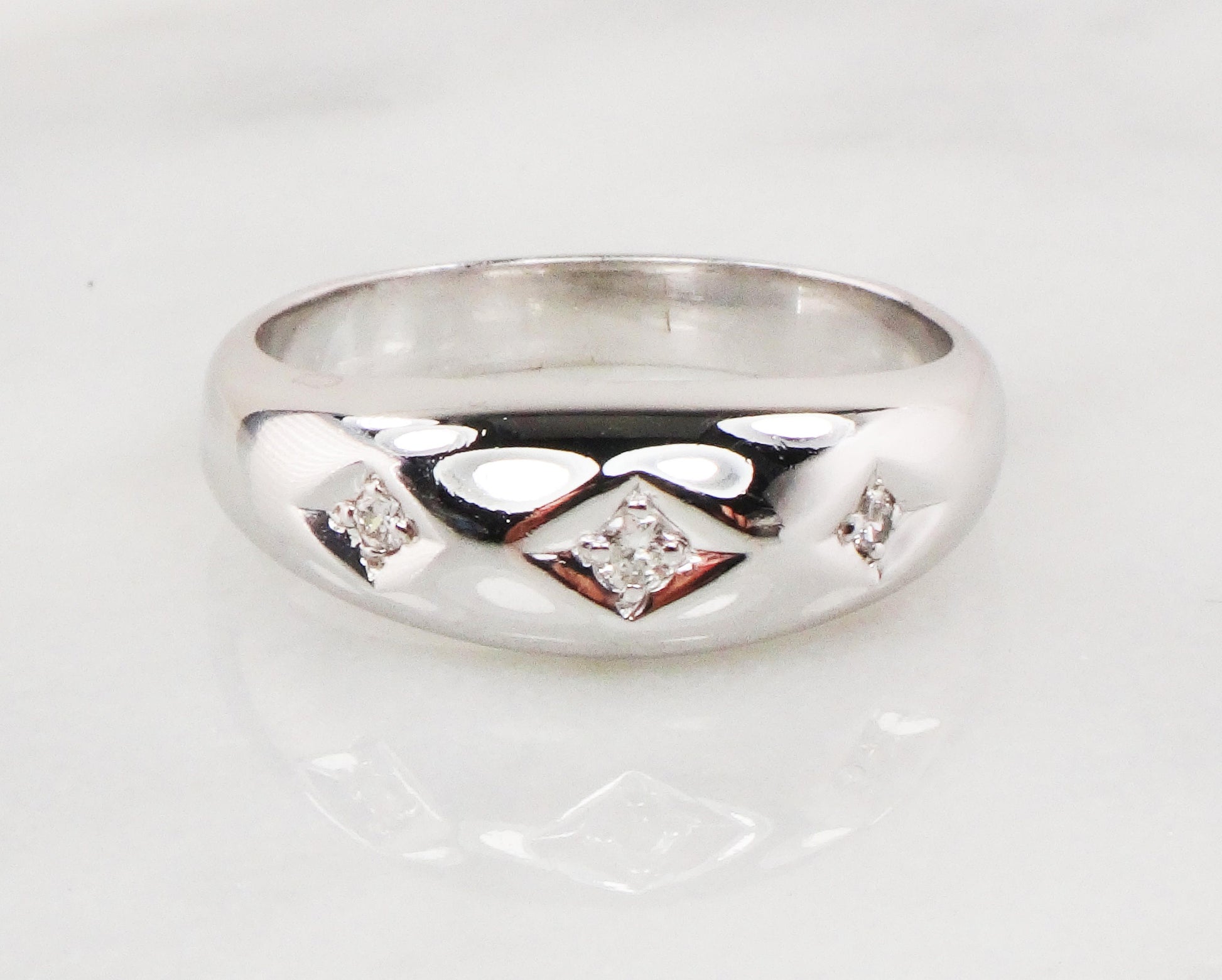 Vintage 14k White Gold Natural Diamond Wedding Band Three Stone Ring Men's Diamond Ring Unisex Size 11 1/4