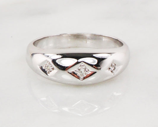 Vintage 14k White Gold Natural Diamond Wedding Band Three Stone Ring Men's Diamond Ring Unisex Size 11 1/4