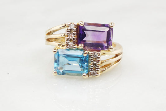 Vintage 14k Yellow Blue Topaz and Amethyst Ring with Diamonds, Modern Bypass Ring, Size 5 3/4