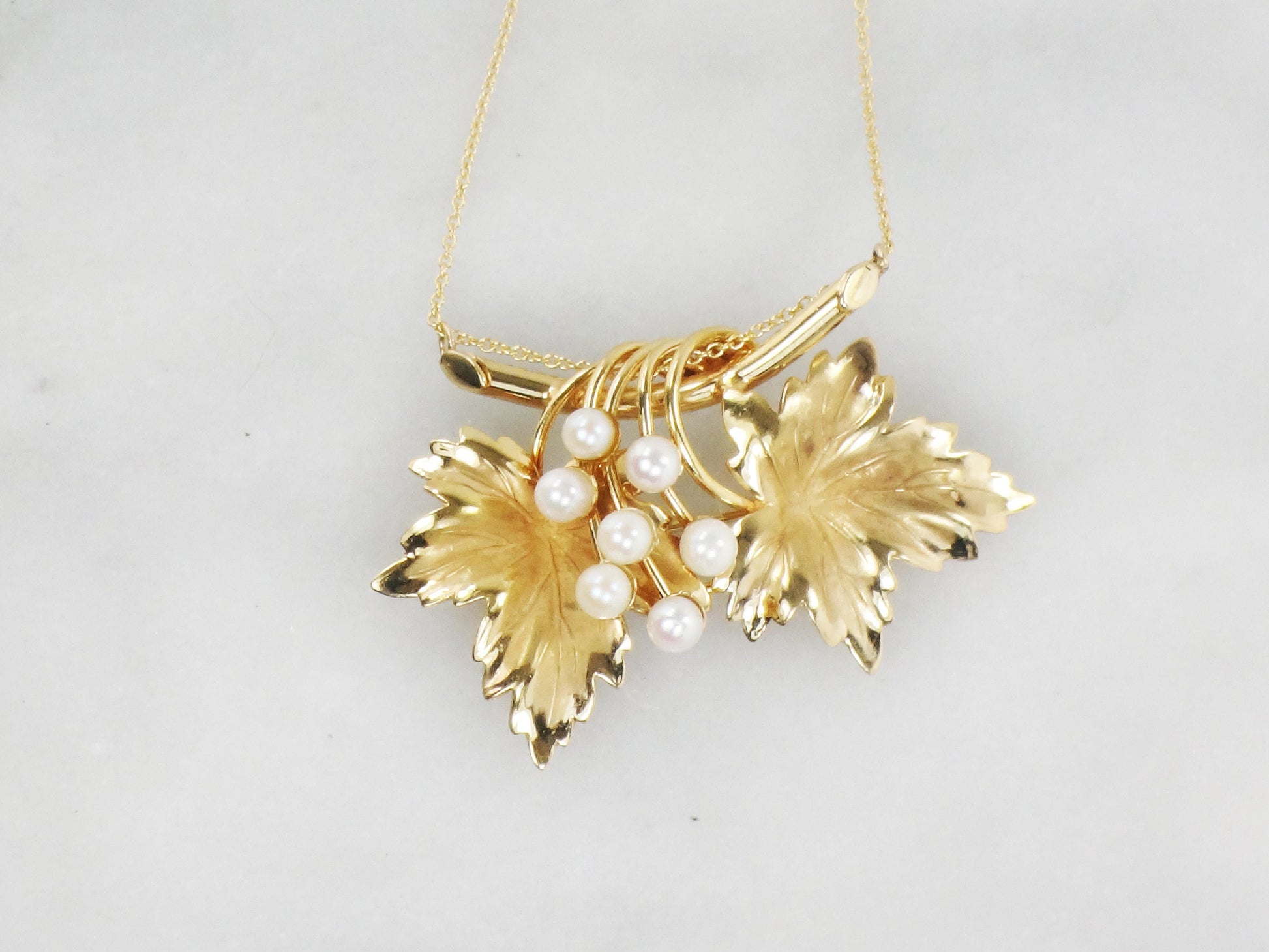 Vintage 14k Pearl Leaf Necklace Carl Art Brooch Conversion Necklace Yellow Gold Leaves Necklace Floral Pearl Pin / Necklace