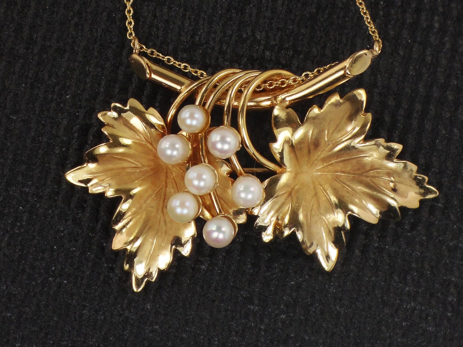 Vintage 14k Pearl Leaf Necklace Carl Art Brooch Conversion Necklace Yellow Gold Leaves Necklace Floral Pearl Pin / Necklace