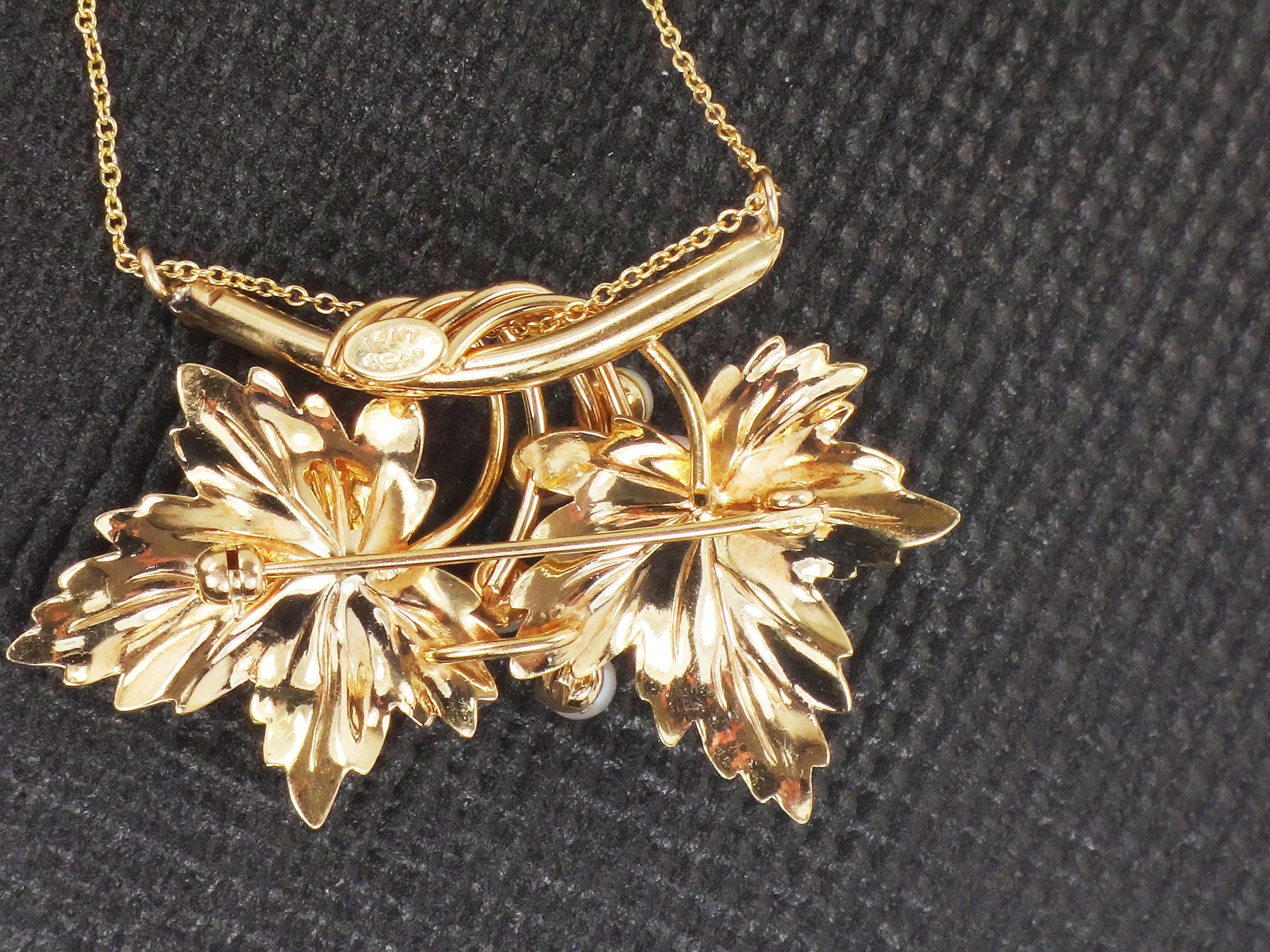 Vintage 14k Pearl Leaf Necklace Carl Art Brooch Conversion Necklace Yellow Gold Leaves Necklace Floral Pearl Pin / Necklace