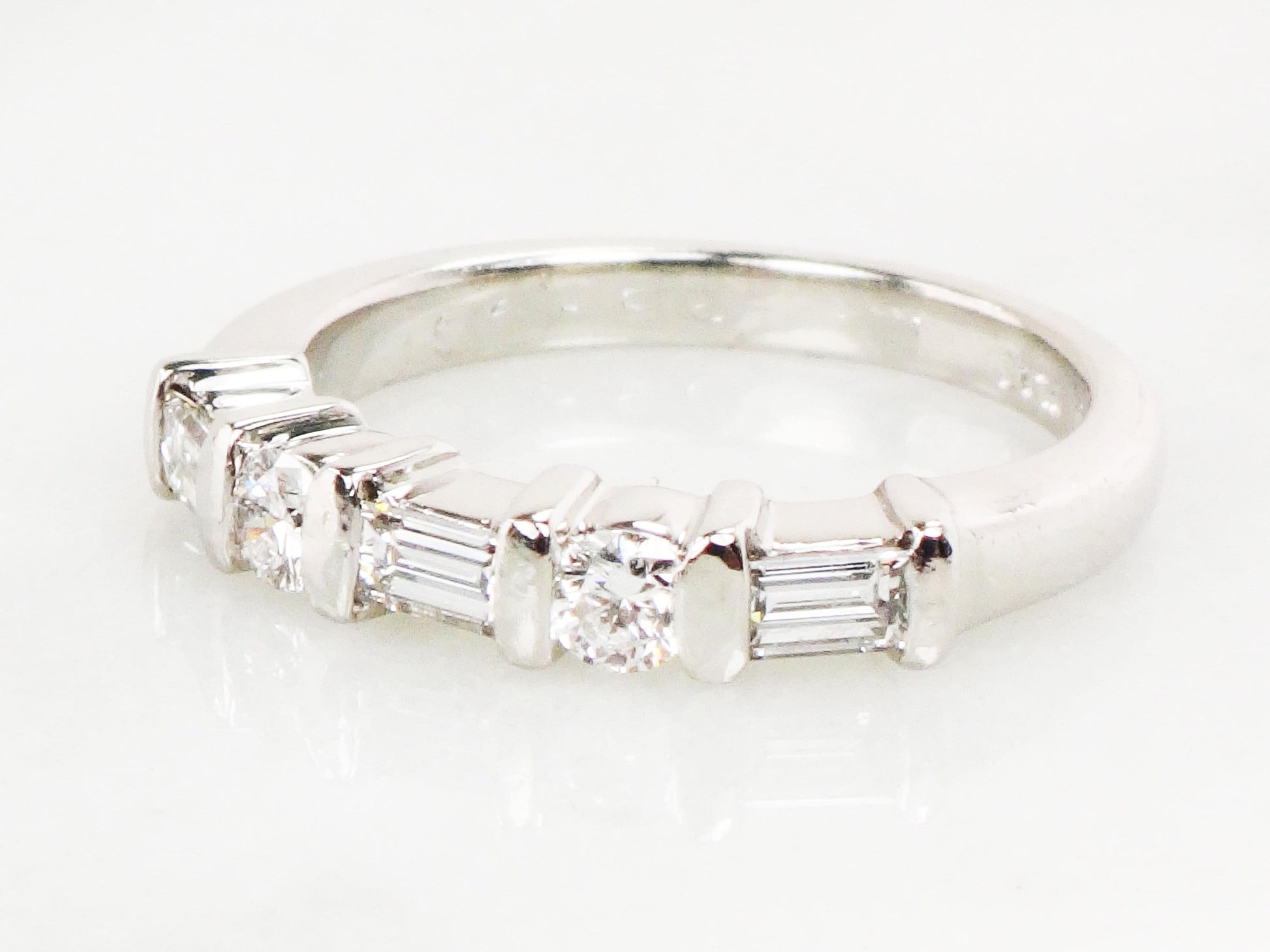 Vintage Platinum Natural Diamond Wedding Band Baguette and Round Cut Diamond Wedding Ring Over 1/2 CT Size 6.5