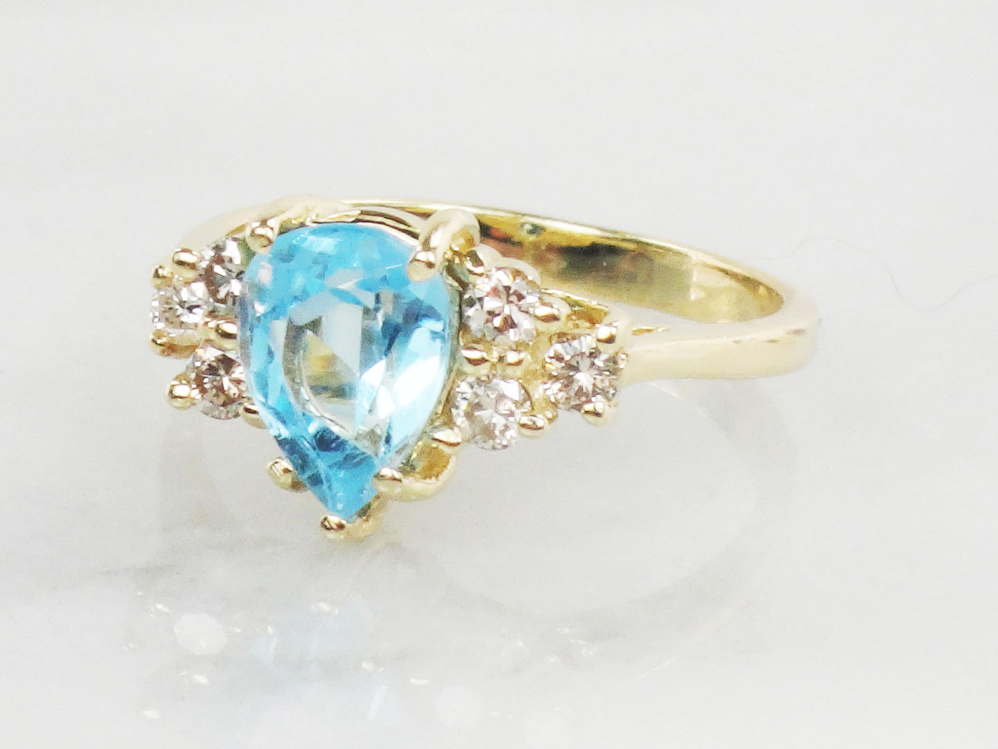 Vintage 14k Yellow Gold Blue Topaz and Natural Diamond Ring, December Birthstone Size 5