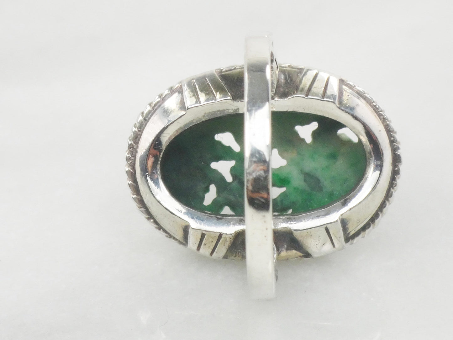 Vintage Carved Jade Ring: Sterling Silver Floral Jadeite, Size 5 3/4