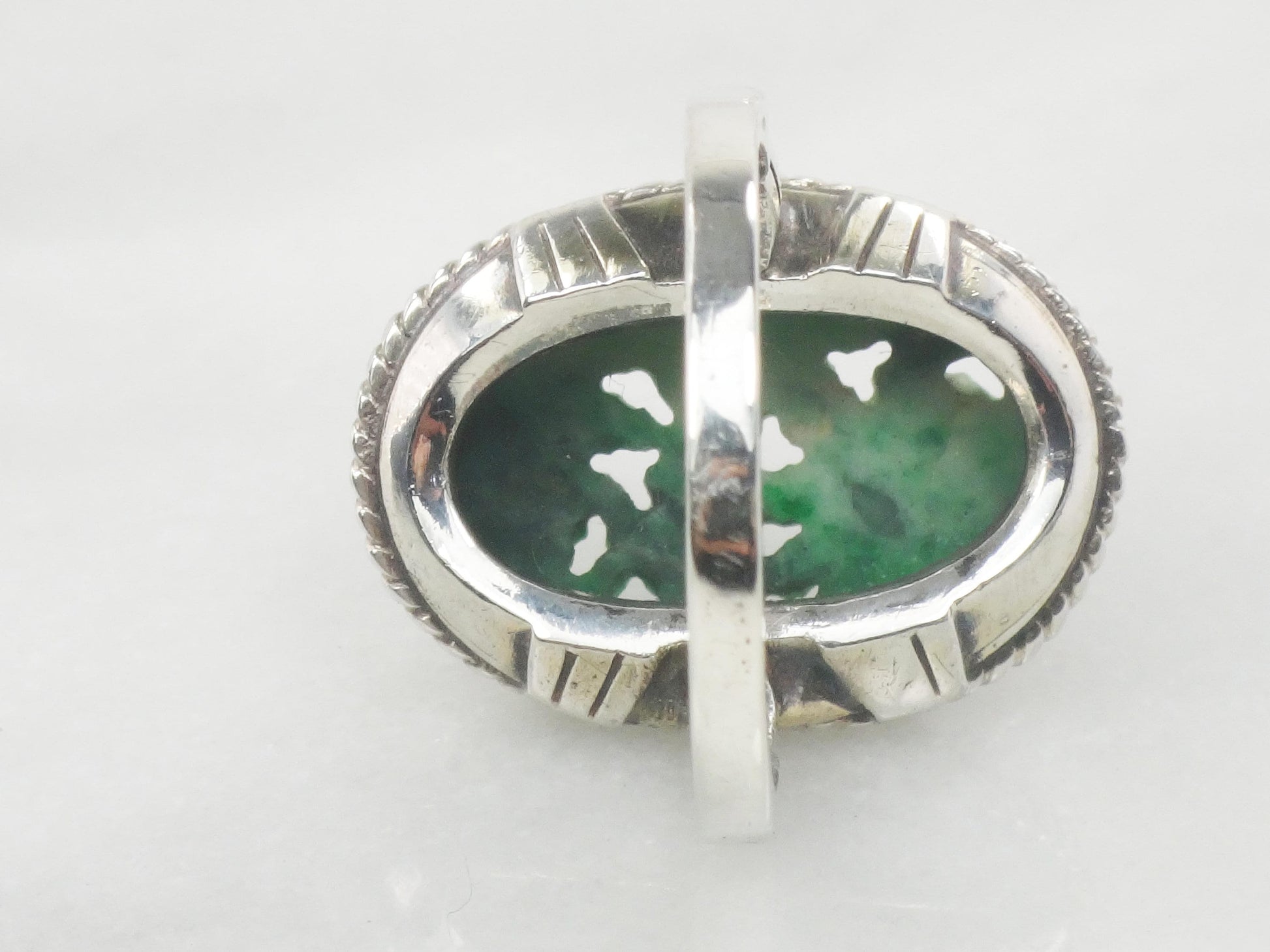 Vintage Carved Jade Ring: Sterling Silver Floral Jadeite, Size 5 3/4