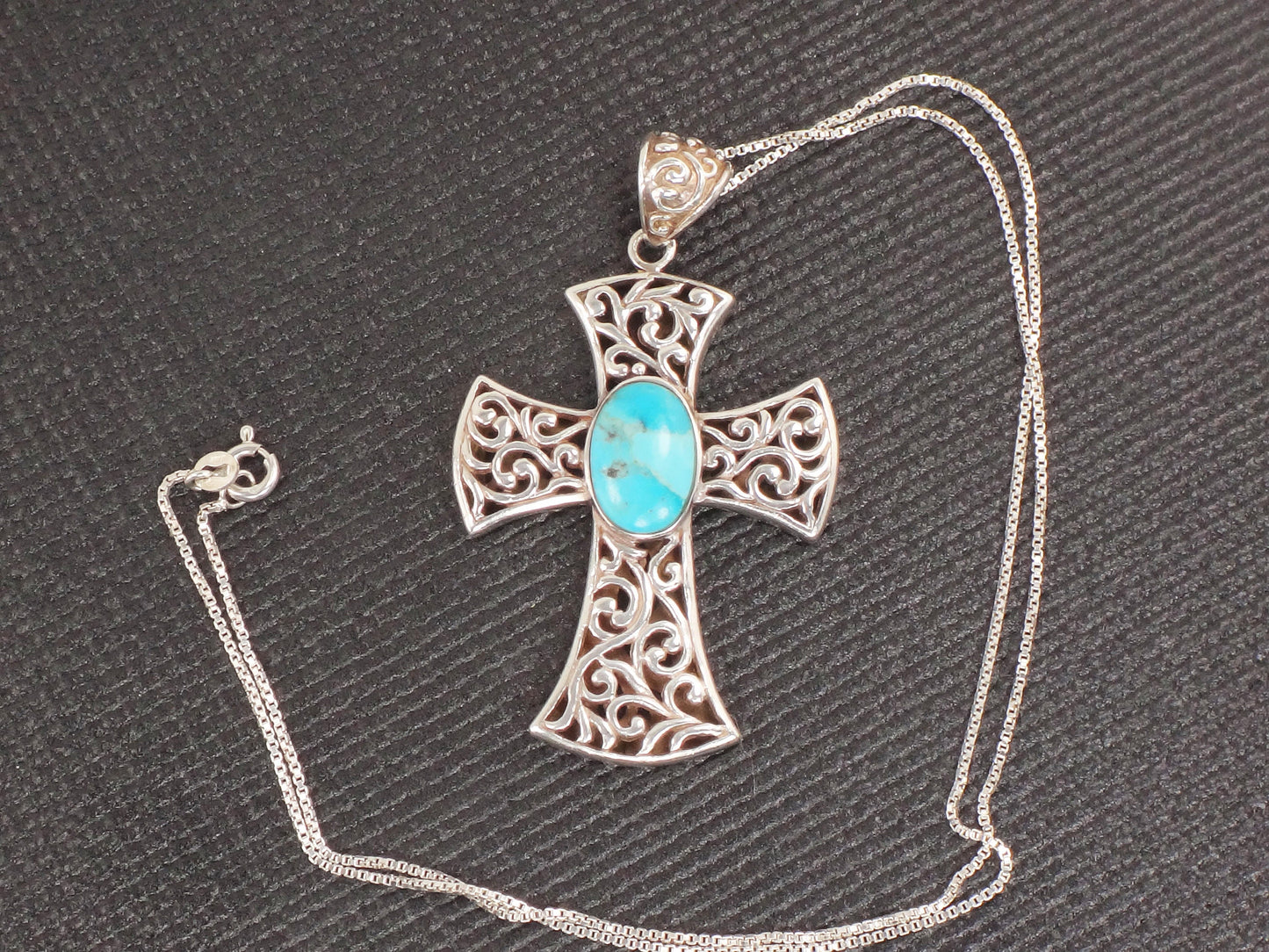 Vintage Sterling Silver Turquoise Cross Pendant Necklace - 18.5" Chain