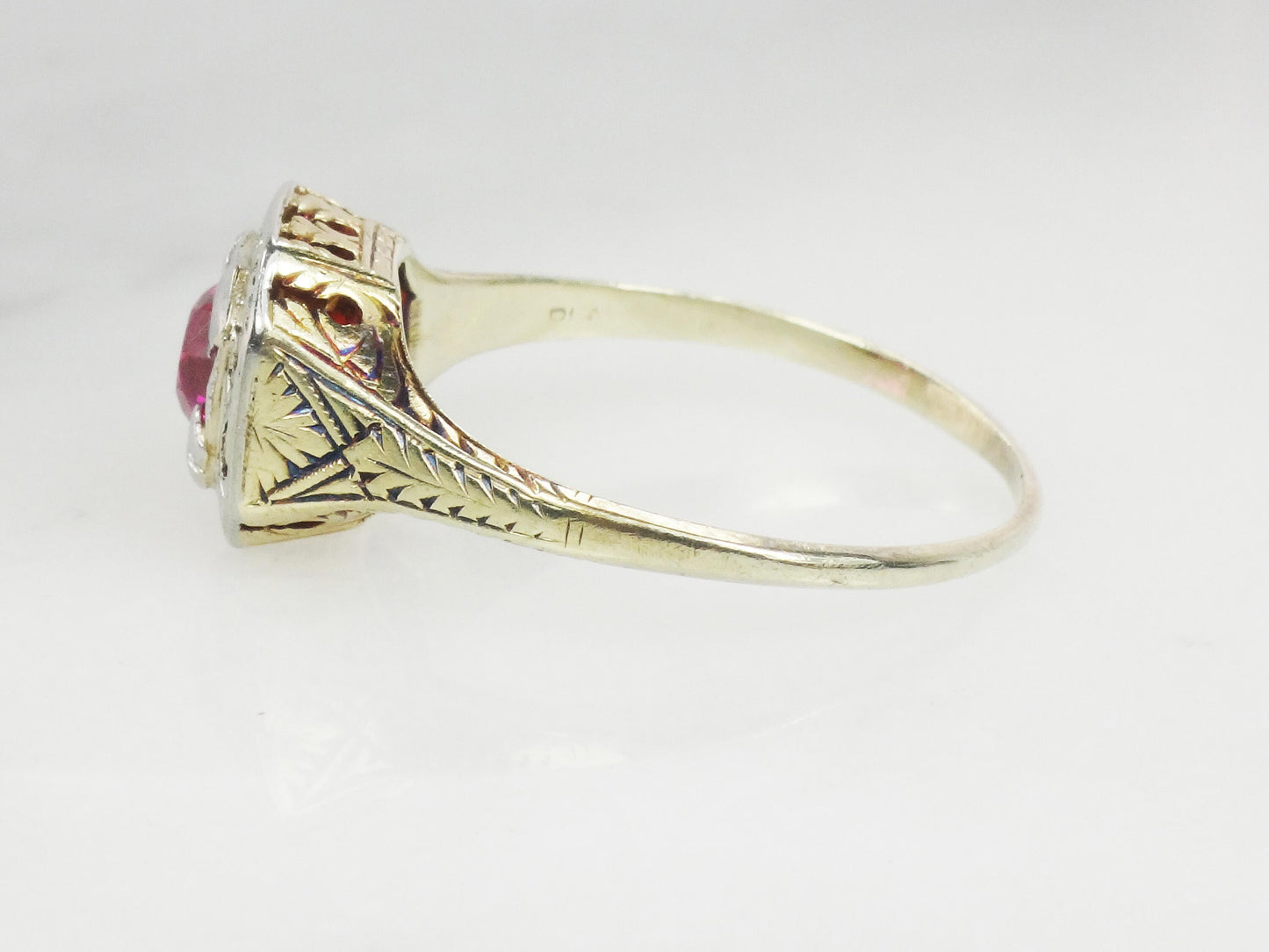 Vintage Art Deco Lab Ruby Ring: Gold & Platinum, Size 8.75