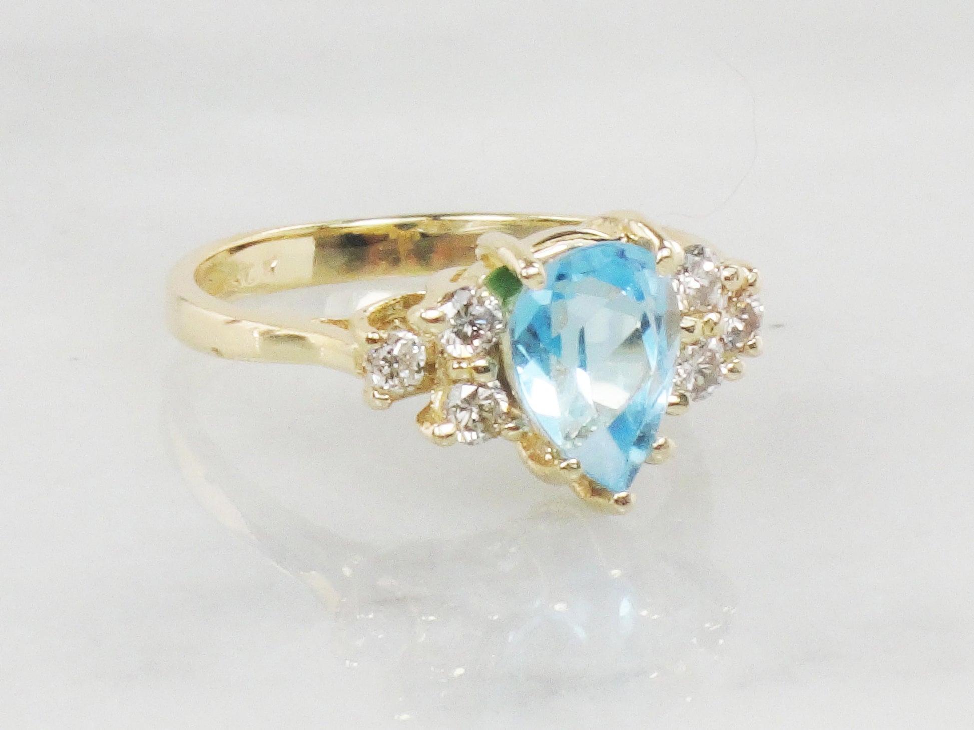Vintage 14k Yellow Gold Blue Topaz and Natural Diamond Ring, December Birthstone Size 5