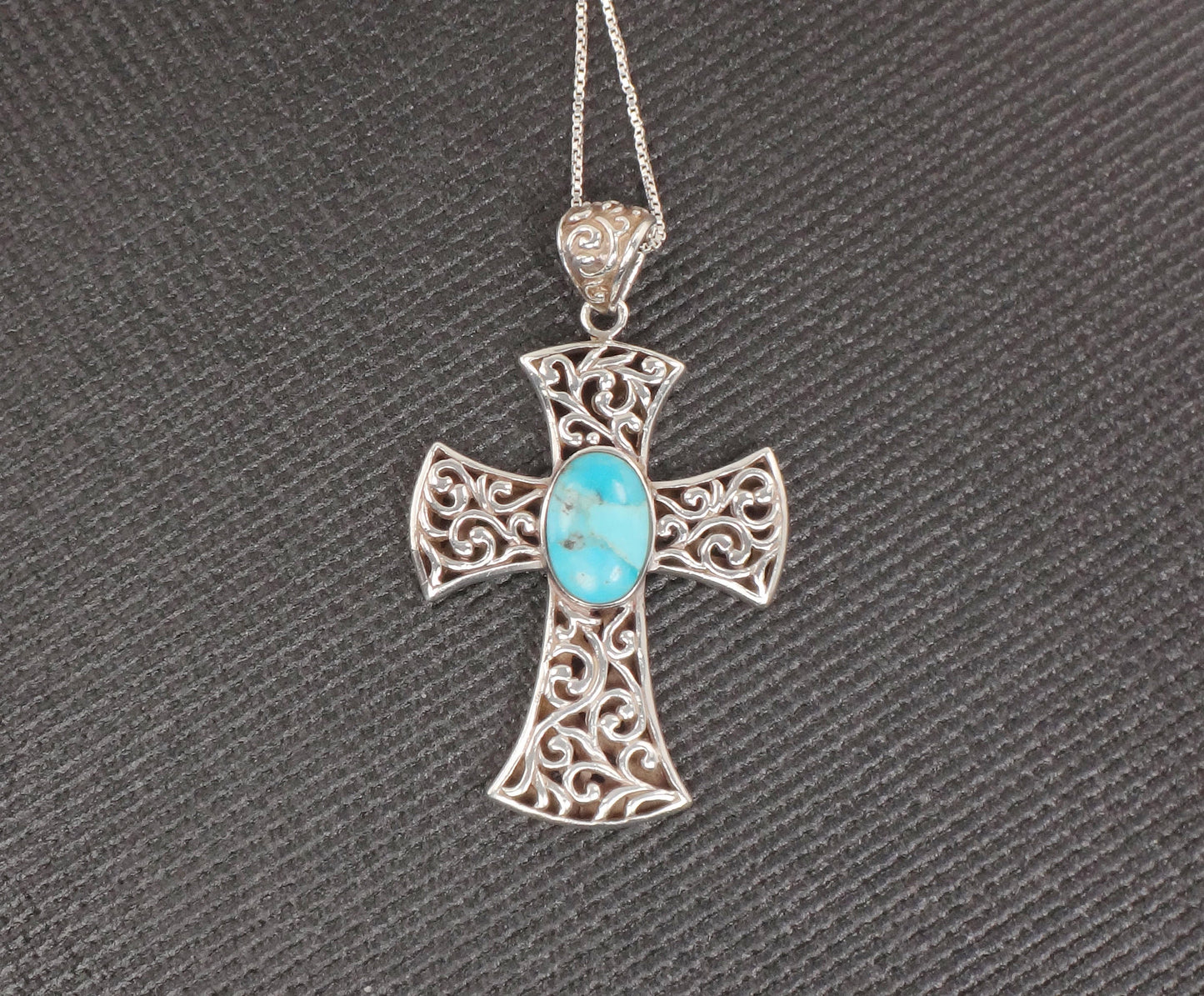Vintage Sterling Silver Turquoise Cross Pendant Necklace - 18.5" Chain