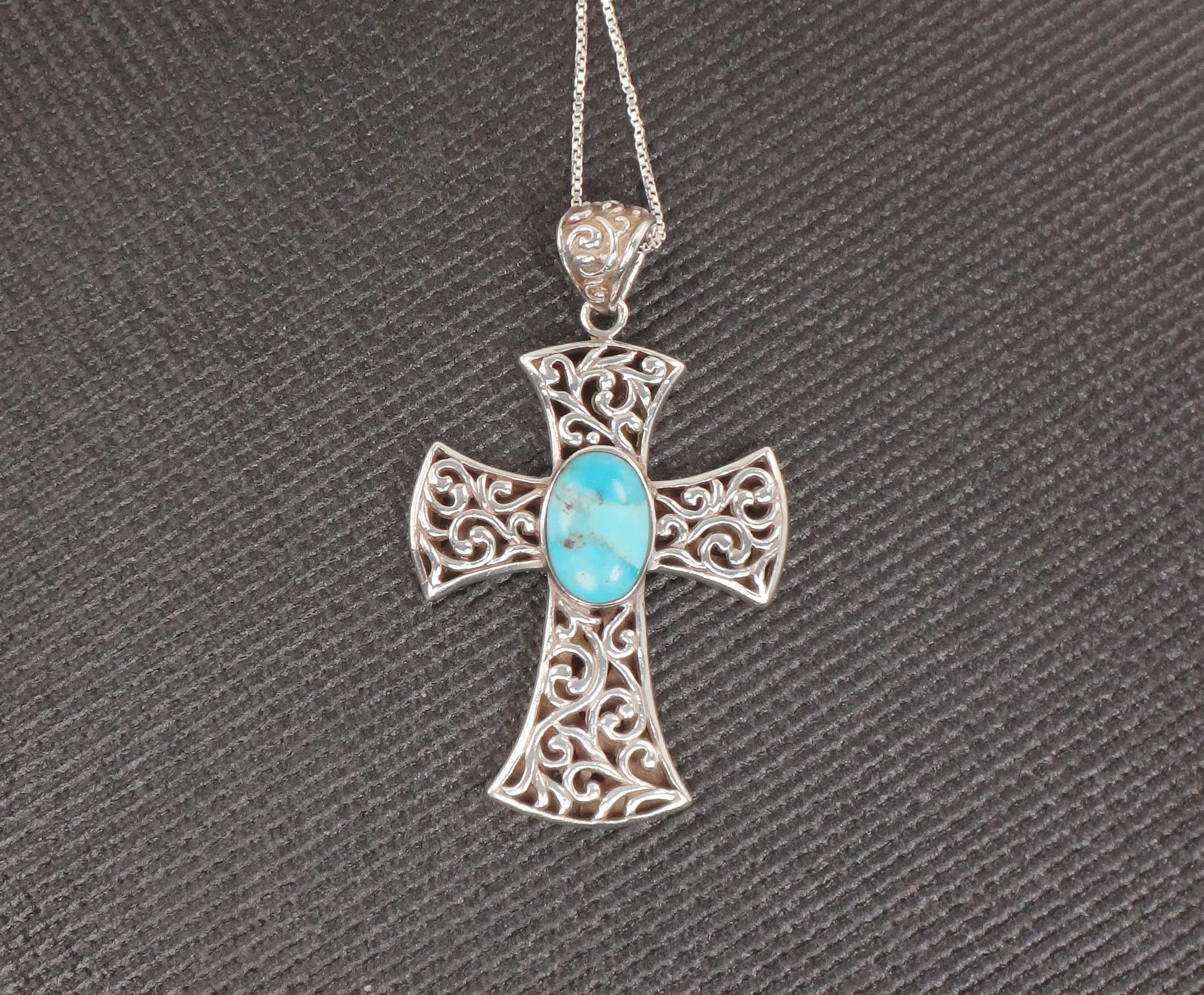 Vintage Sterling Silver Turquoise Cross Pendant Necklace - 18.5" Chain