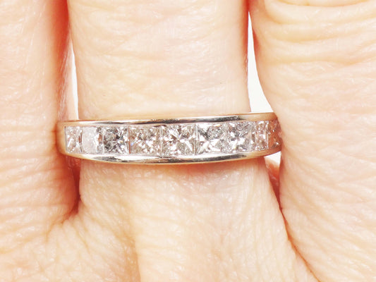 Vintage 14k White Gold Channel Set Natural Diamond Wedding Band, 1.25 Carat TDW Princess Cut Diamond Ring, Size 6.5