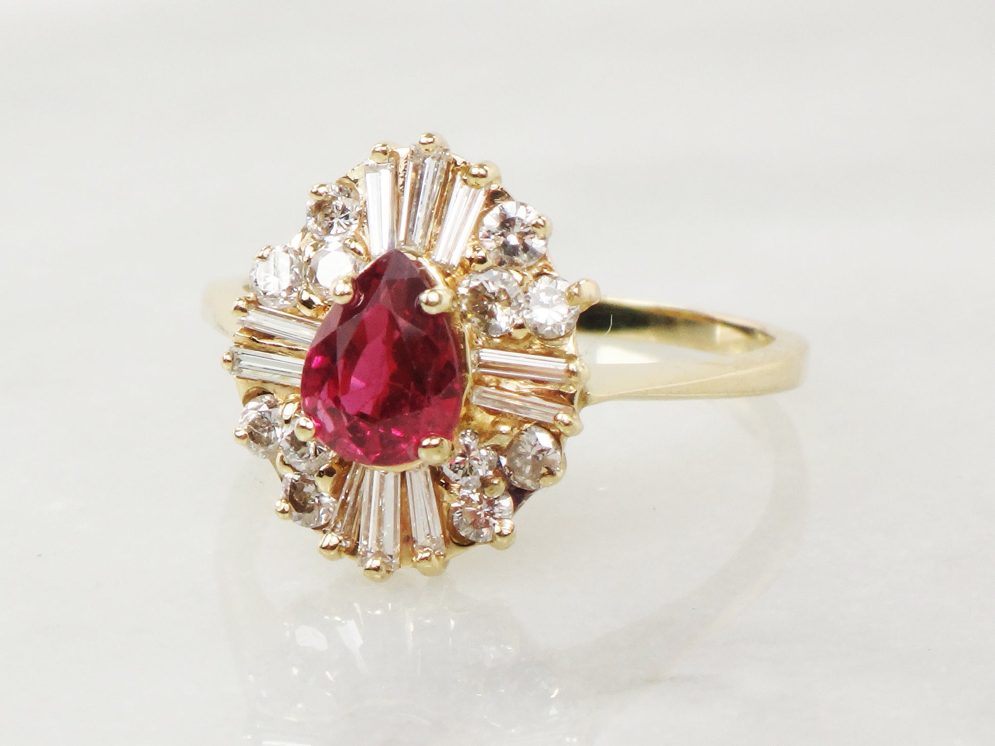 Vintage 14k Yellow Gold Ruby Diamond Ring: Ballerina Style