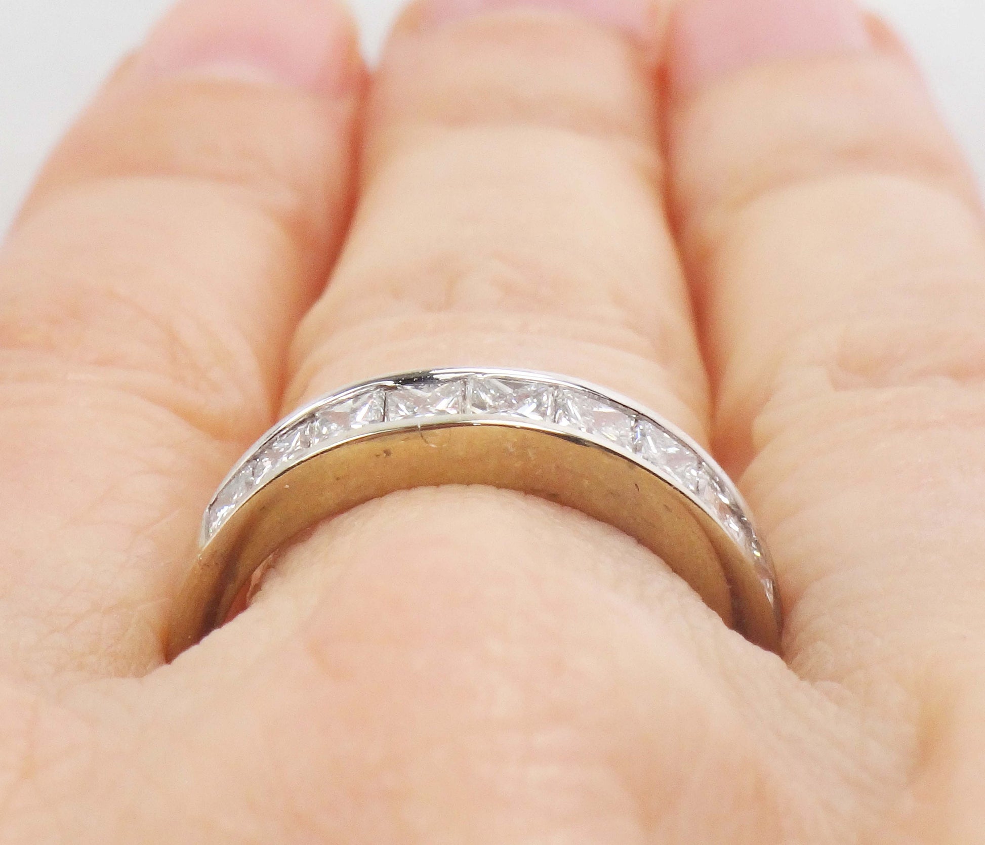 Vintage 14k White Gold Channel Set Natural Diamond Wedding Band, 1.25 Carat TDW Princess Cut Diamond Ring, Size 6.5