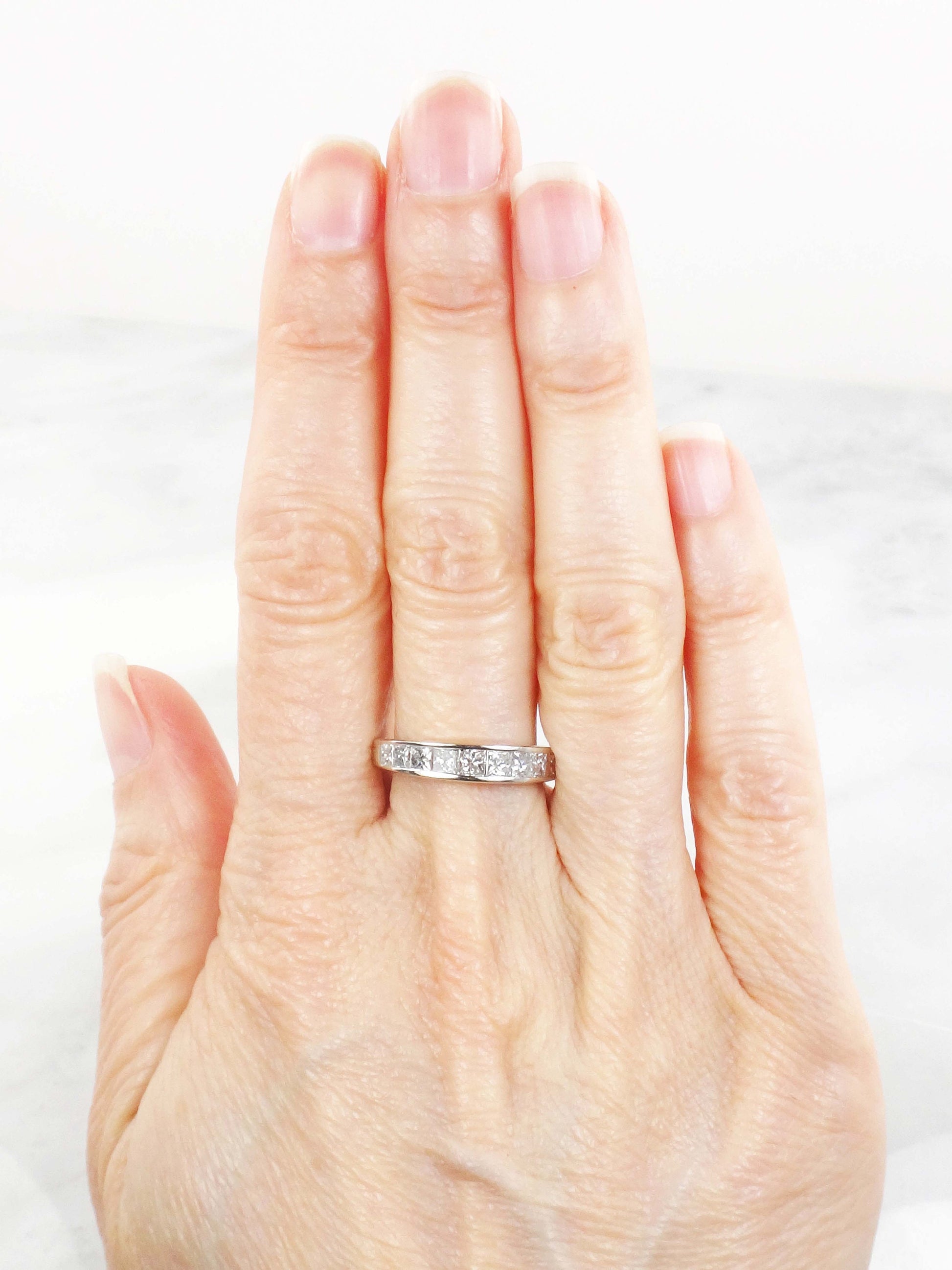Vintage 14k White Gold Channel Set Natural Diamond Wedding Band, 1.25 Carat TDW Princess Cut Diamond Ring, Size 6.5