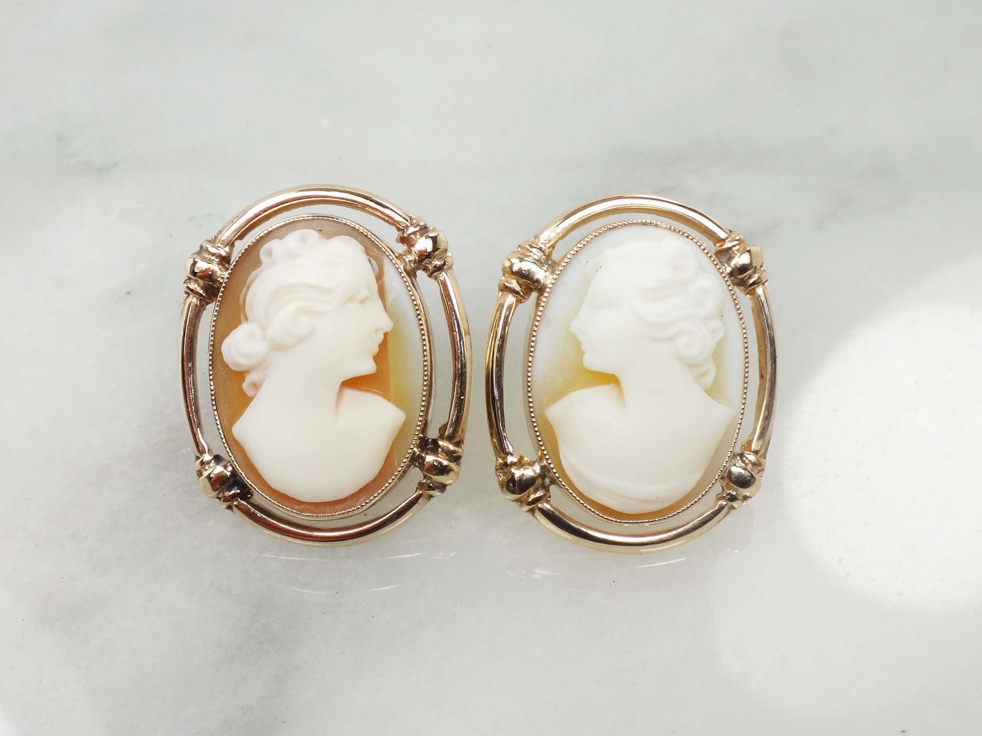 Vintage 14k Yellow Gold Cameo Stud Earrings with Post Backs