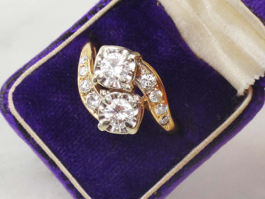 Vintage 14k Natural Diamond Toi et Moi Ring, Two Tone Gold Two Stone Diamond Ring, Approximately 1 Carat
