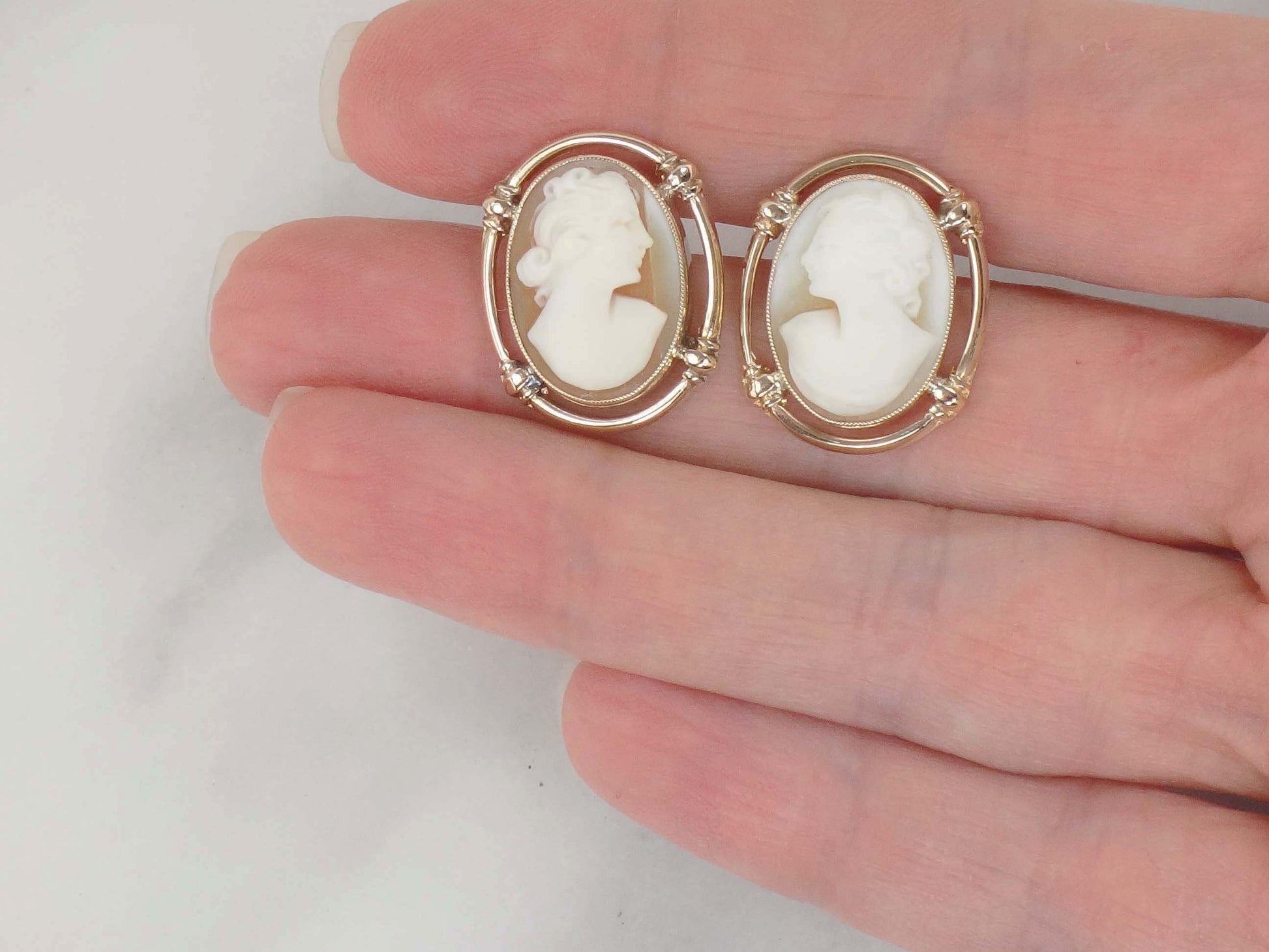 Vintage 14k Yellow Gold Cameo Stud Earrings with Post Backs
