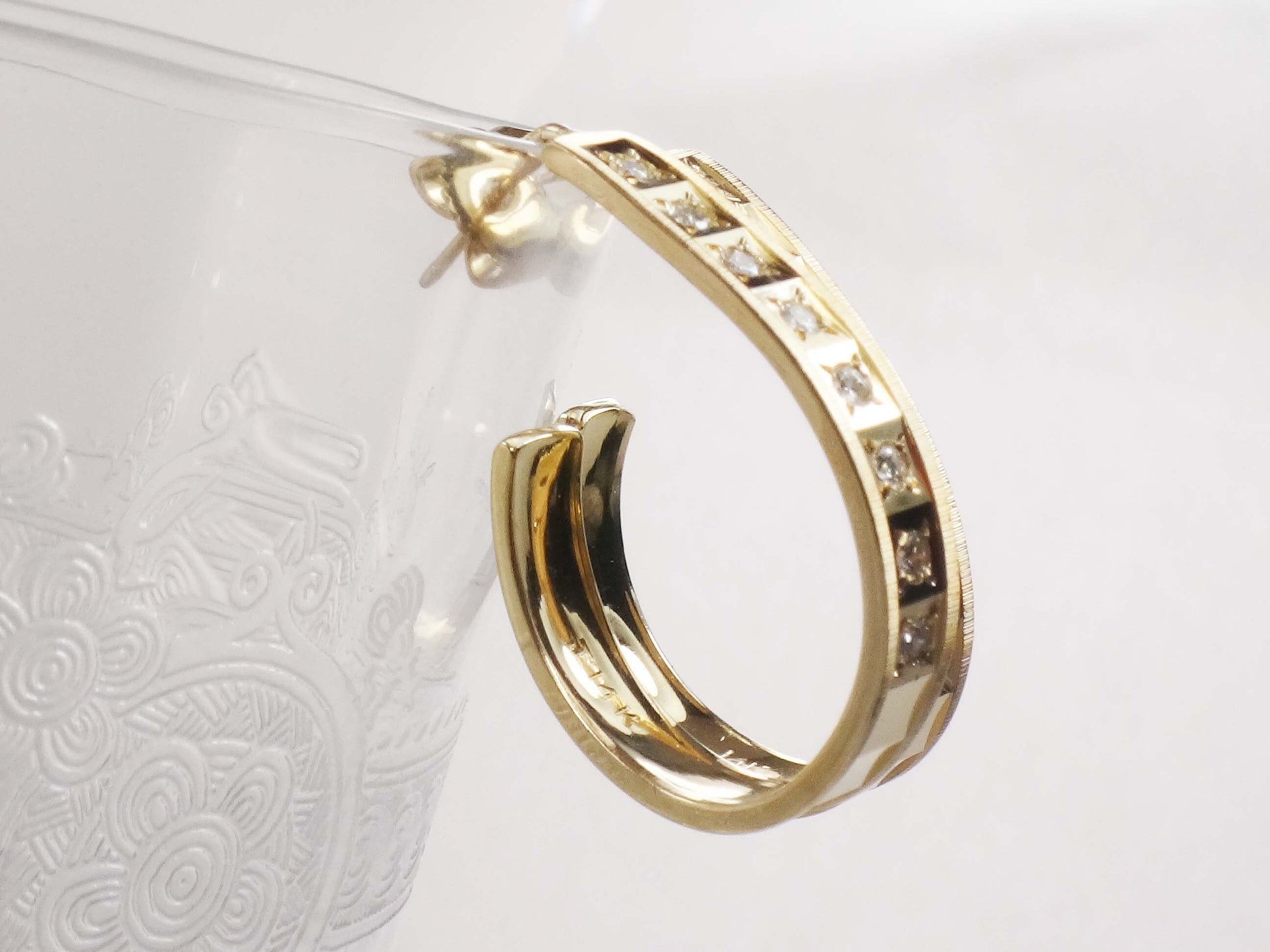 Vintage 14k Yellow Gold Natural Diamond Half Hoop Earrings Approx .40 CT TDW Large Gold Diamond Earrings