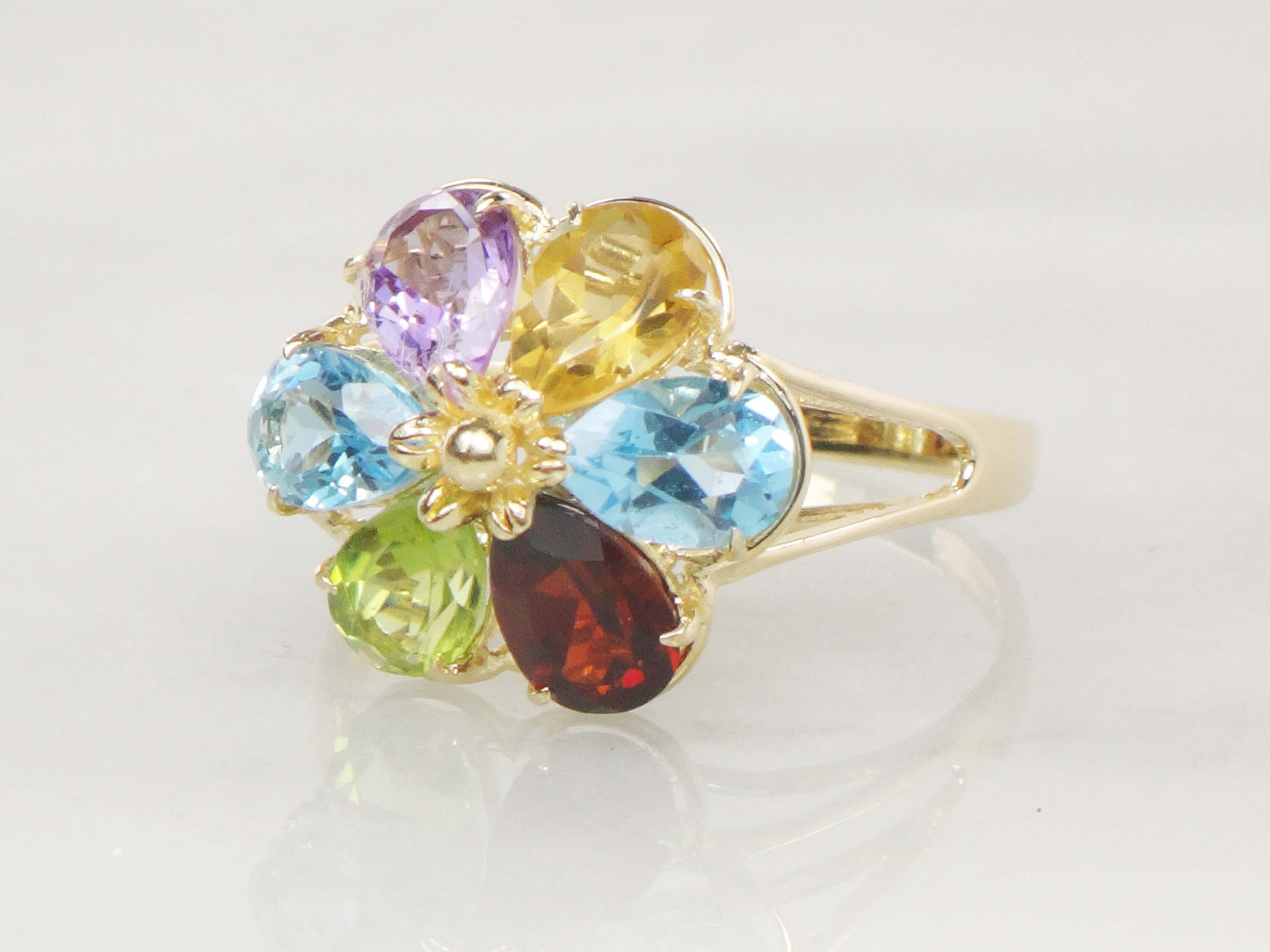 Vintage 14k Gold Floral Multi Color Gemstone Ring with Garnet Peridot Topaz Amethyst and Citrine Size 6.75