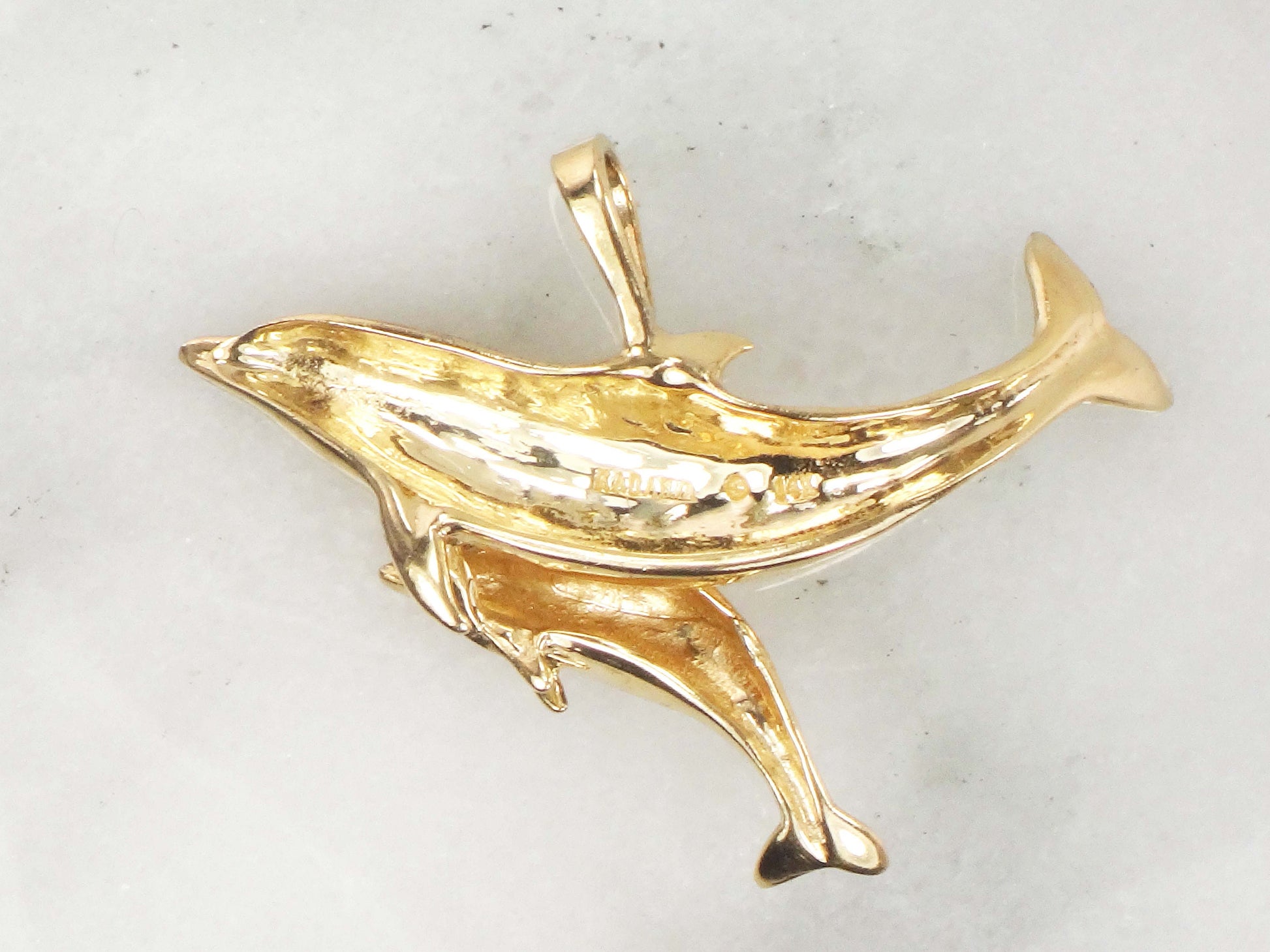 Vintage 14k Gold Dolphins Pendant Kabana Mother and Baby Dolphin Pendant Marine Life Nautical New Mom Gift