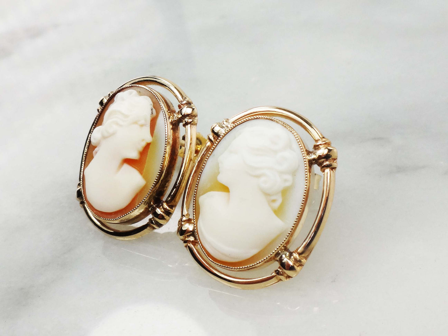 Vintage 14k Yellow Gold Cameo Stud Earrings with Post Backs