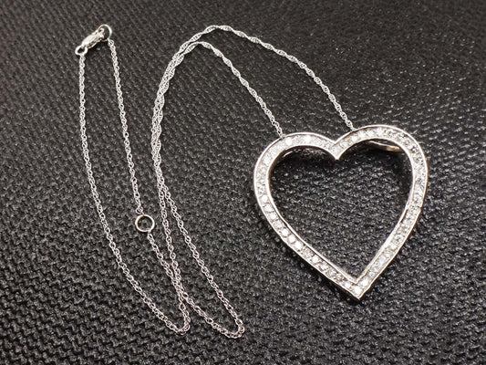 Large 14k White Gold Open Heart Natural Diamond Necklace, 1.25 CT TDW Diamond Heart Pendant, 16&quot; or 18&quot; Adjustable Length