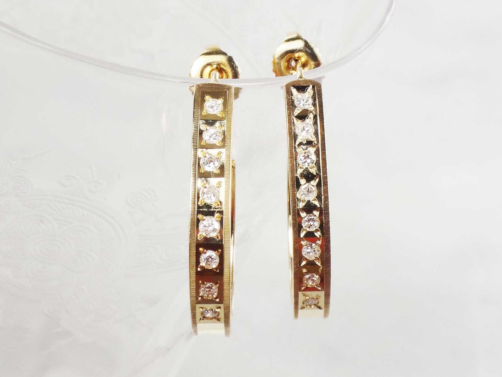 Vintage 14k Yellow Gold Natural Diamond Half Hoop Earrings Approx .40 CT TDW Large Gold Diamond Earrings