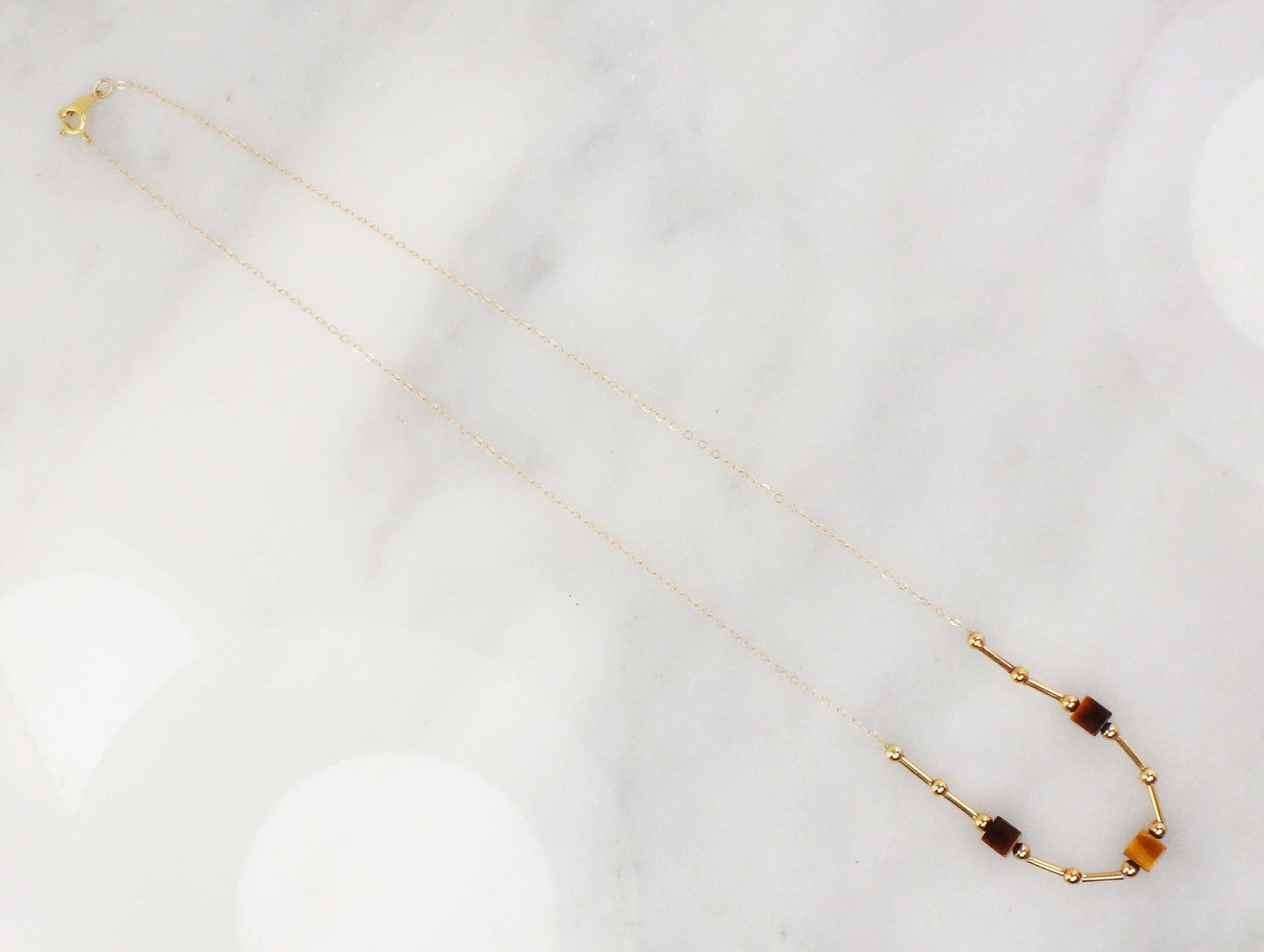 Vintage 14k Yellow Gold Tiger Eye Station Necklace 15.75" Choker Necklace