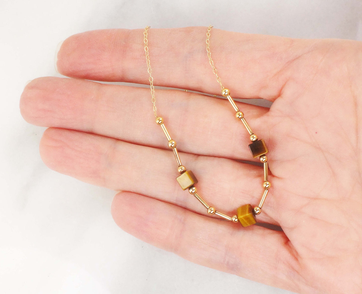 Vintage 14k Yellow Gold Tiger Eye Station Necklace 15.75" Choker Necklace