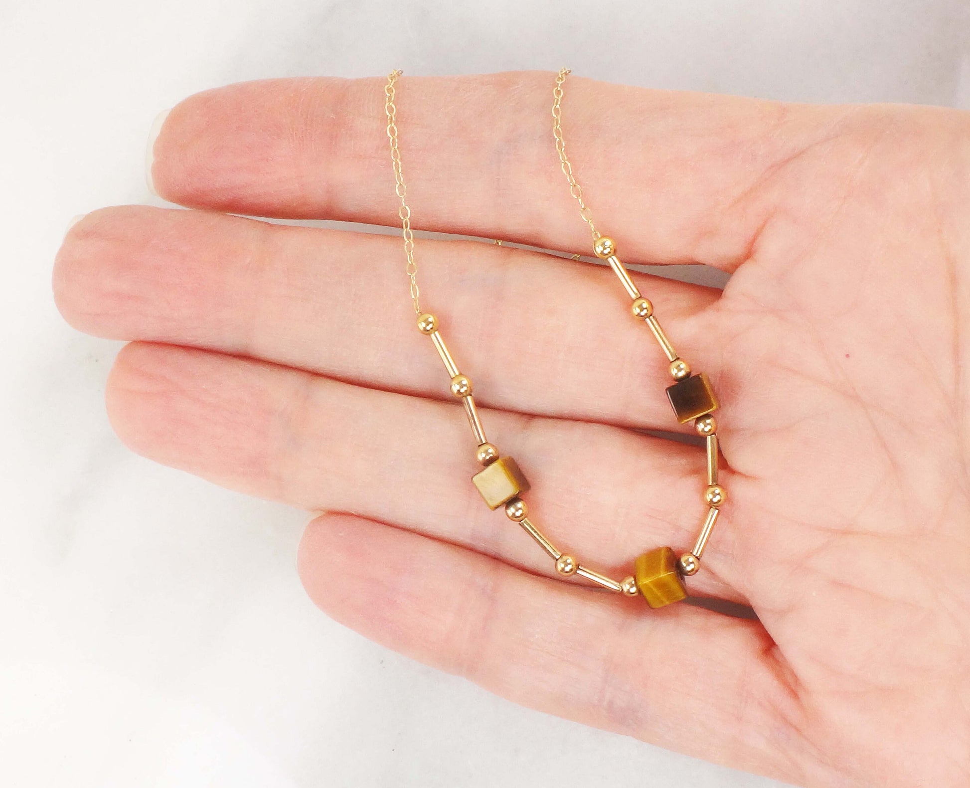 Vintage 14k Yellow Gold Tiger Eye Station Necklace 15.75" Choker Necklace