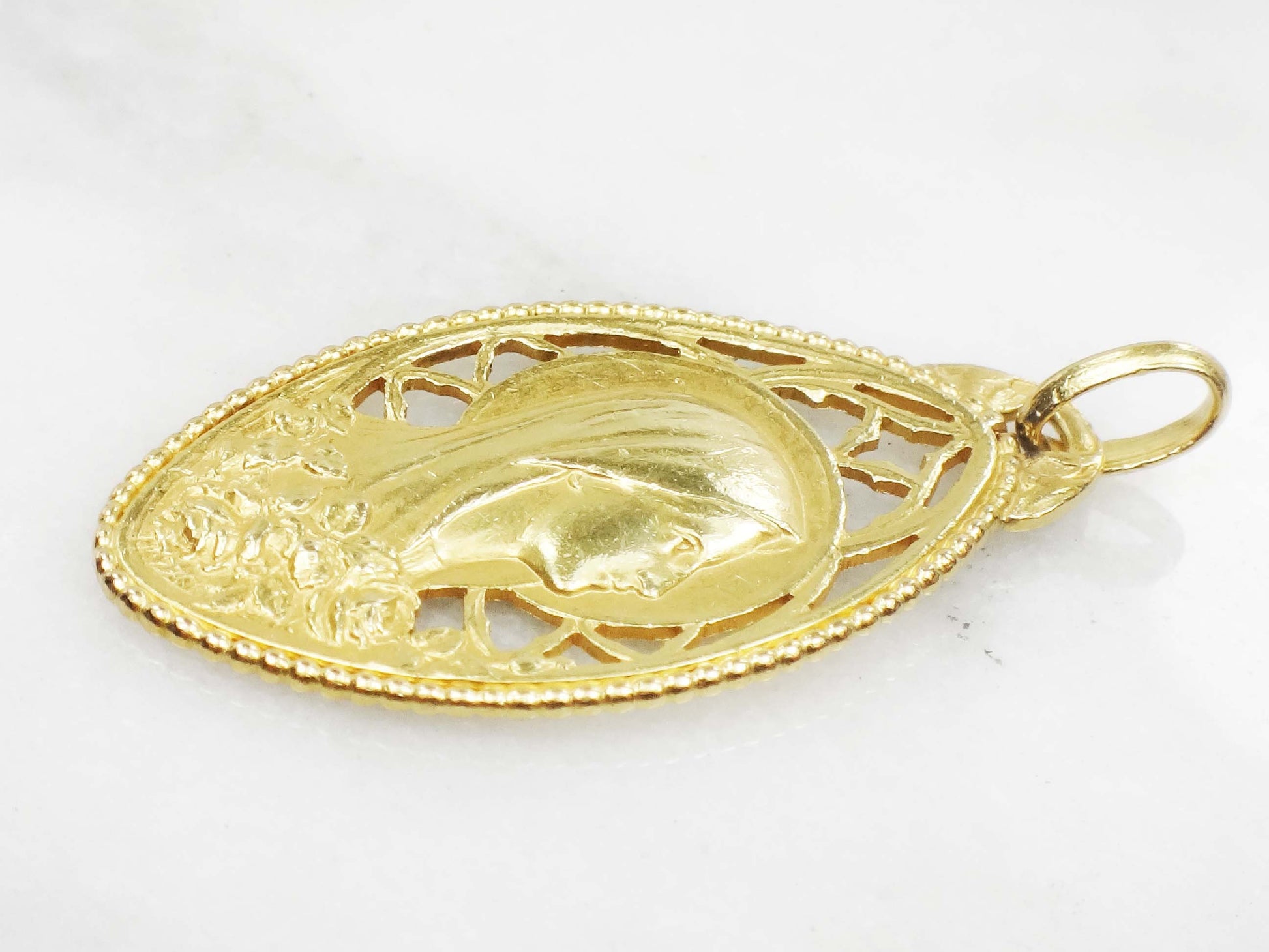 Vintage 18k Yellow Gold Virgin Mary Medal Mother Mary Charm - Catholic Religious Pendant Circa 1930's