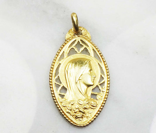 Vintage 18k Yellow Gold Virgin Mary Medal Mother Mary Charm - Catholic Religious Pendant Circa 1930's