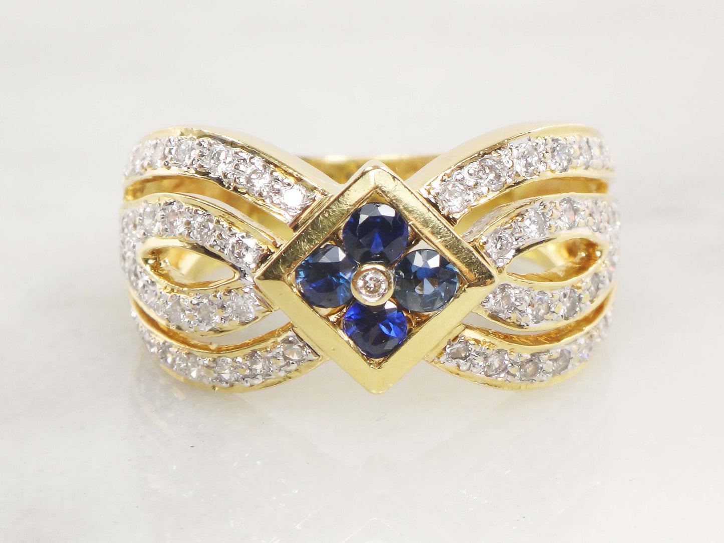Vintage 18k Yellow Gold Natural Blue Sapphire and Diamond Ring, Wide Fancy Cigar Band Ring, Size 7.25