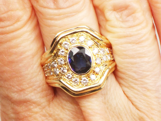 Vintage 14k Yellow Gold GIA Certified Natural Blue Sapphire and Natural Diamond Ring Size 6
