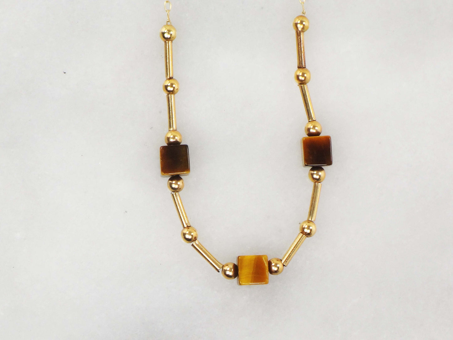 Vintage 14k Yellow Gold Tiger Eye Station Necklace 15.75" Choker Necklace