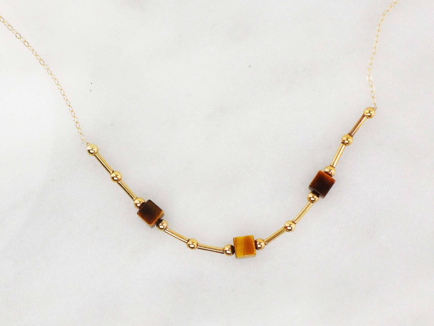 Vintage 14k Yellow Gold Tiger Eye Station Necklace 15.75" Choker Necklace