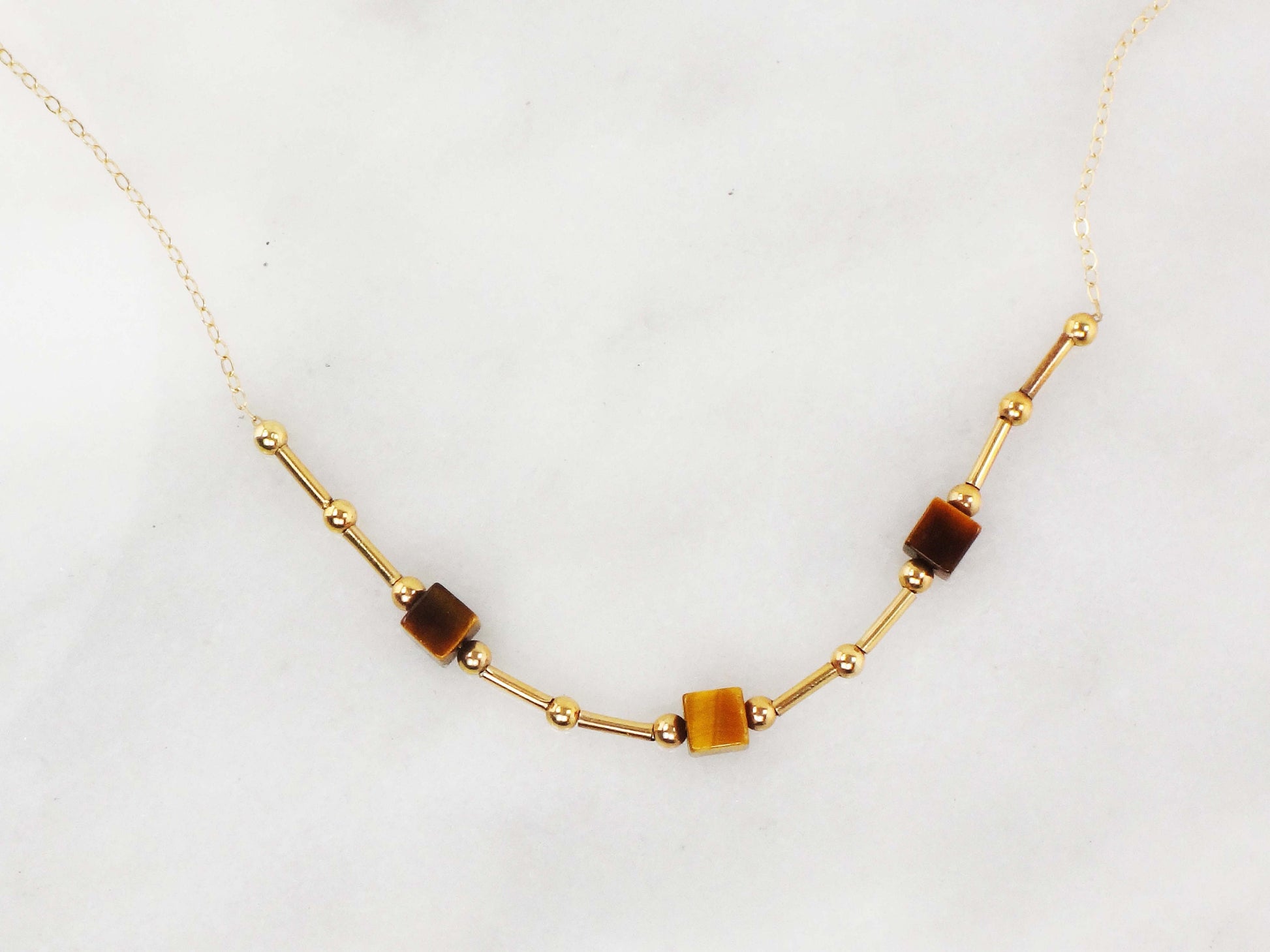 Vintage 14k Yellow Gold Tiger Eye Station Necklace 15.75" Choker Necklace