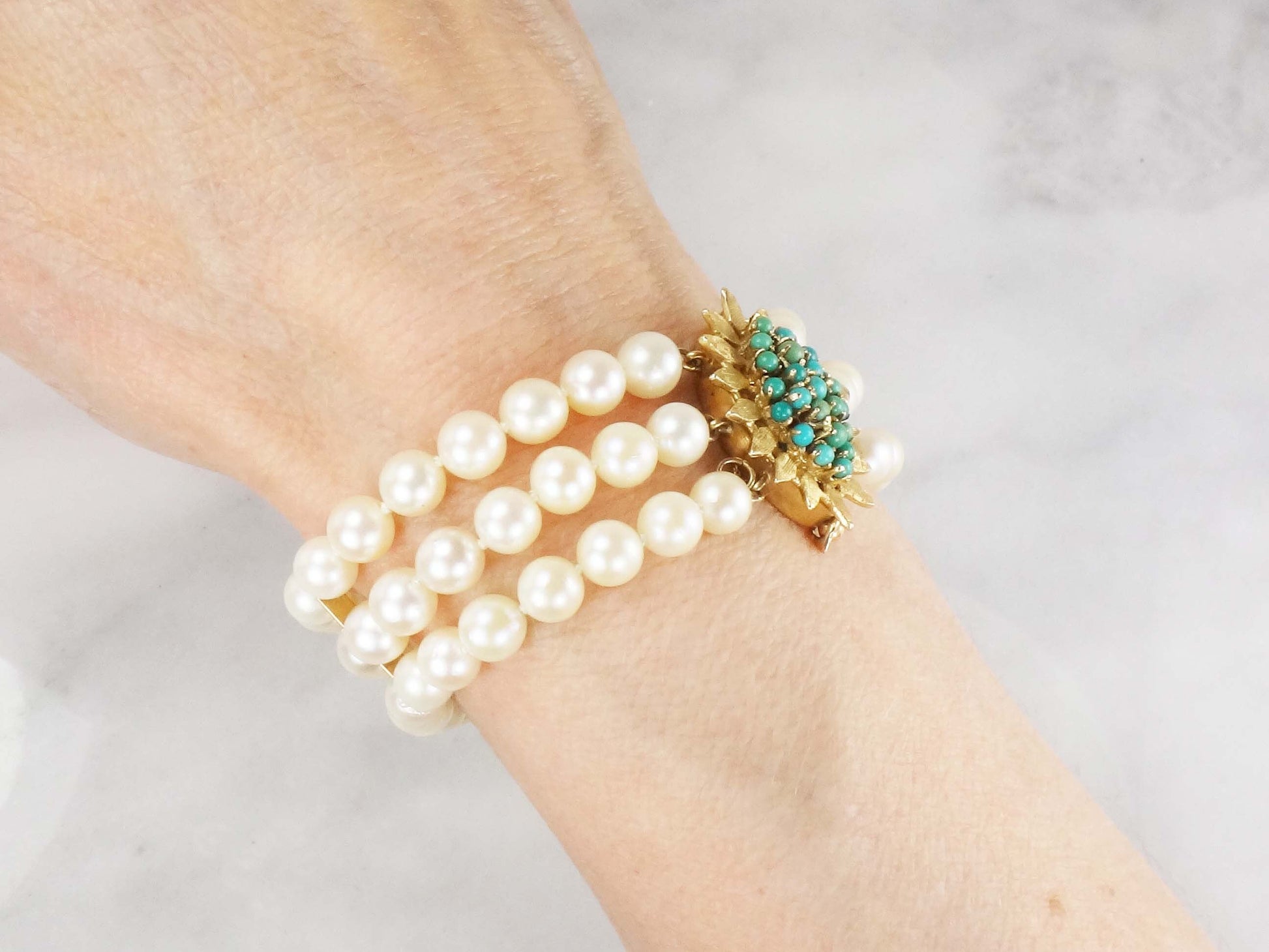 Vintage 14k Gold Triple Strand Pearl Bracelet with Turquoise Clasp Saltwater Cultured Pearl and Turquoise Bracelet - Bridal 6.5"