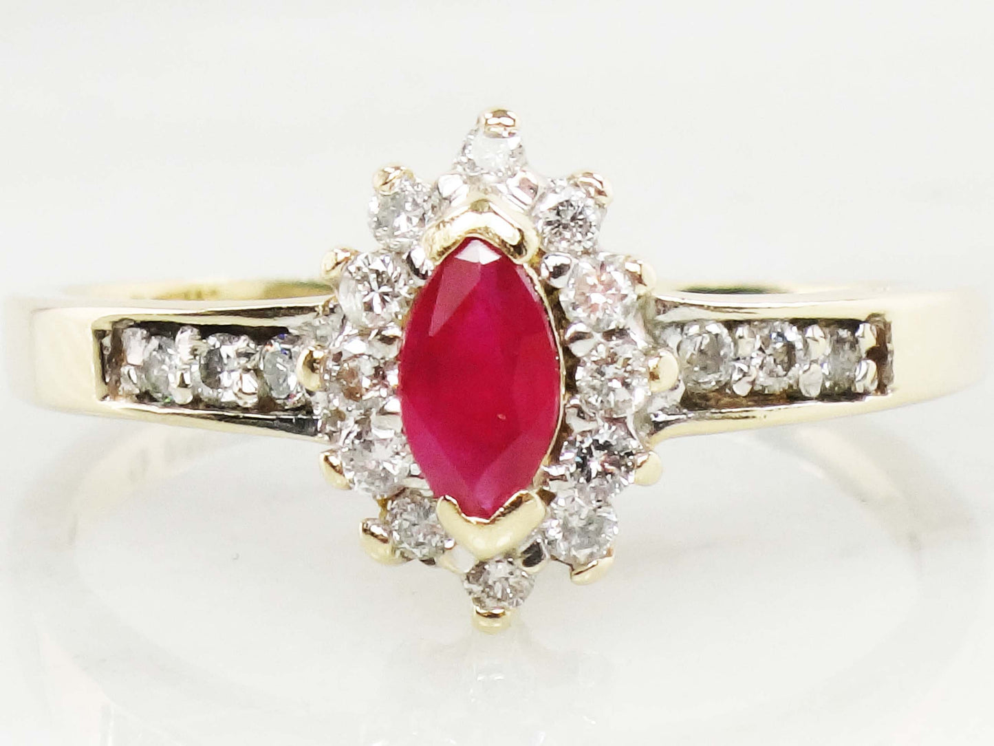 Vintage 14k Yellow Gold Marquise Ruby Diamond Halo Ring - Size 7.25